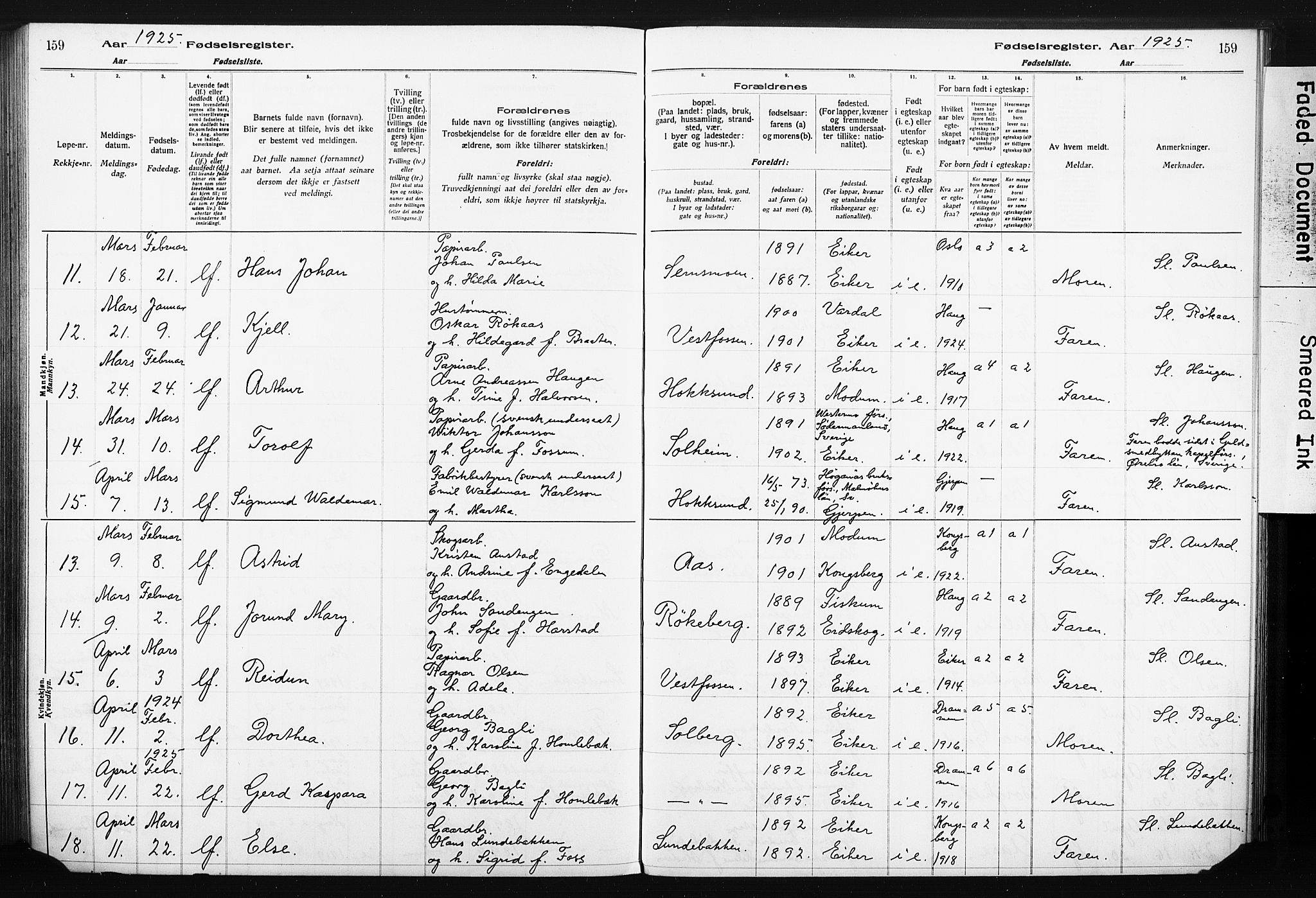 Eiker kirkebøker, AV/SAKO-A-4/J/Ja/L0001: Birth register no. I 1, 1916-1927, p. 159