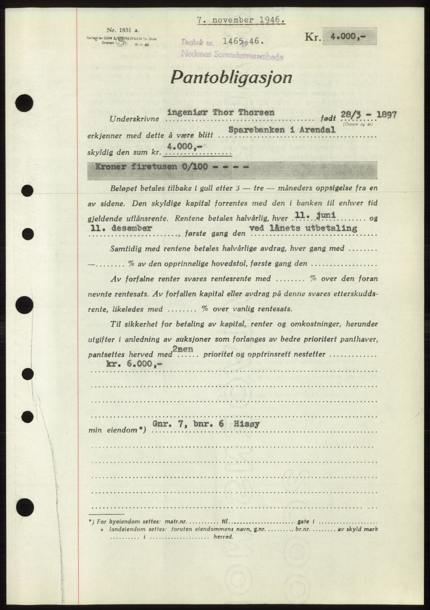 Nedenes sorenskriveri, SAK/1221-0006/G/Gb/Gbb/L0003: Mortgage book no. B3b, 1946-1946, Diary no: : 1465/1946