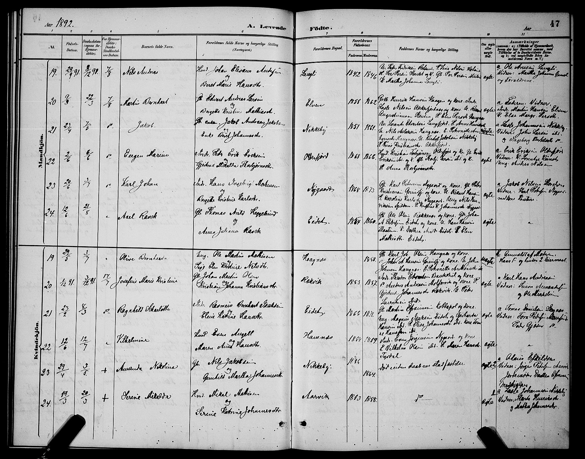 Skjervøy sokneprestkontor, AV/SATØ-S-1300/H/Ha/Hab/L0007klokker: Parish register (copy) no. 7, 1889-1899, p. 47