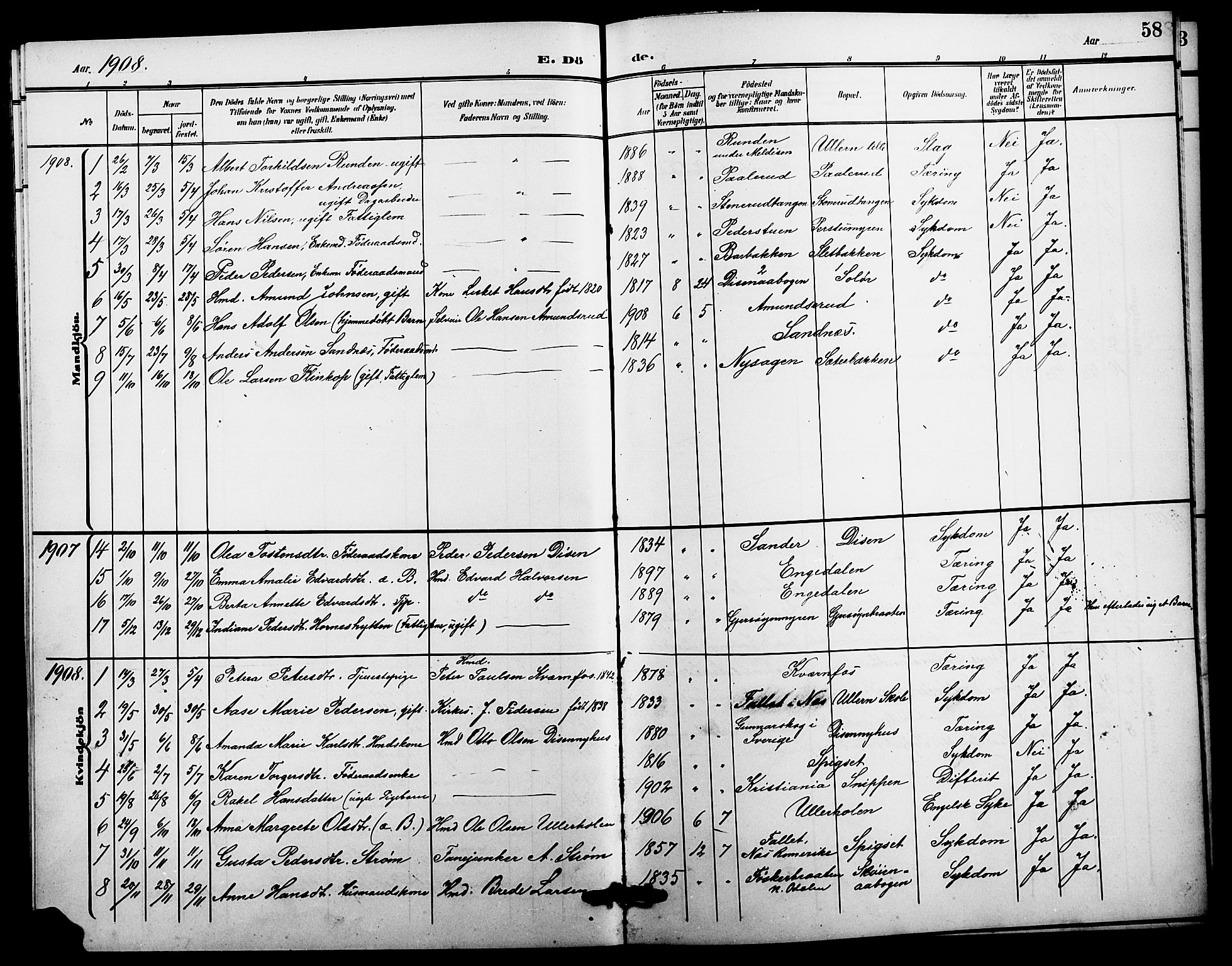 Sør-Odal prestekontor, AV/SAH-PREST-030/H/Ha/Hab/L0007: Parish register (copy) no. 7, 1907-1915, p. 58