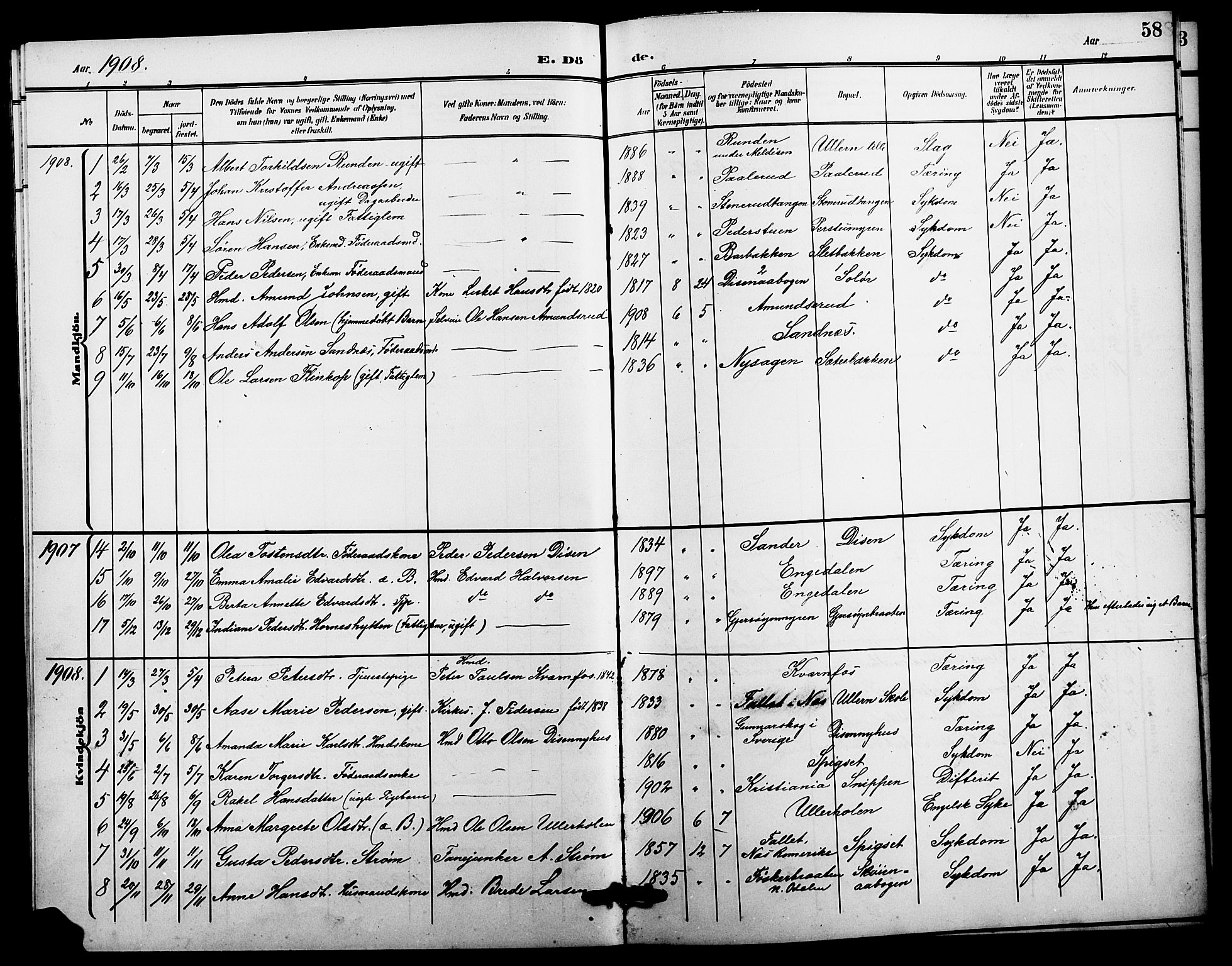 Sør-Odal prestekontor, SAH/PREST-030/H/Ha/Hab/L0007: Parish register (copy) no. 7, 1907-1915, p. 58