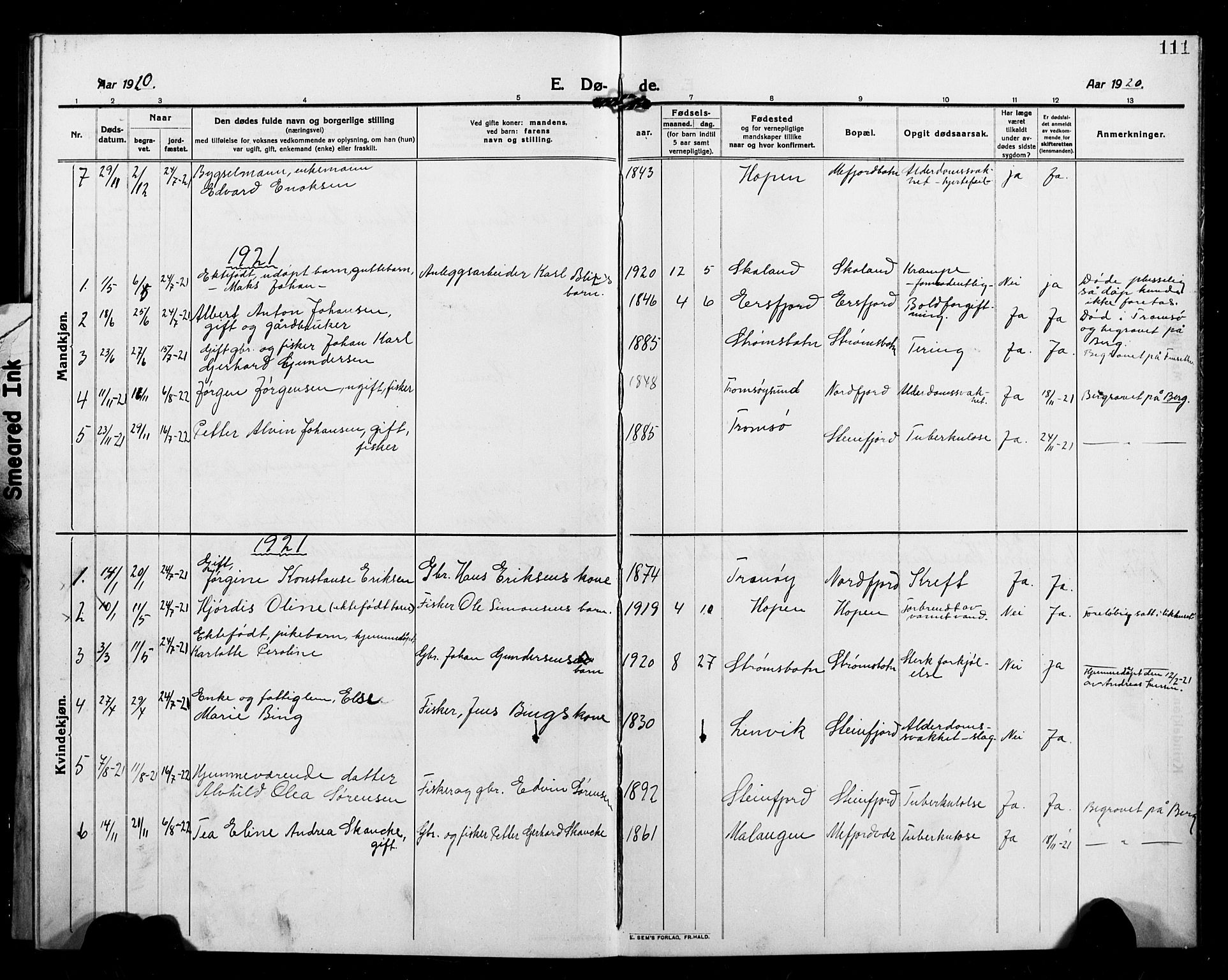Berg sokneprestkontor, SATØ/S-1318/G/Ga/Gab/L0006klokker: Parish register (copy) no. 6, 1912-1921, p. 111
