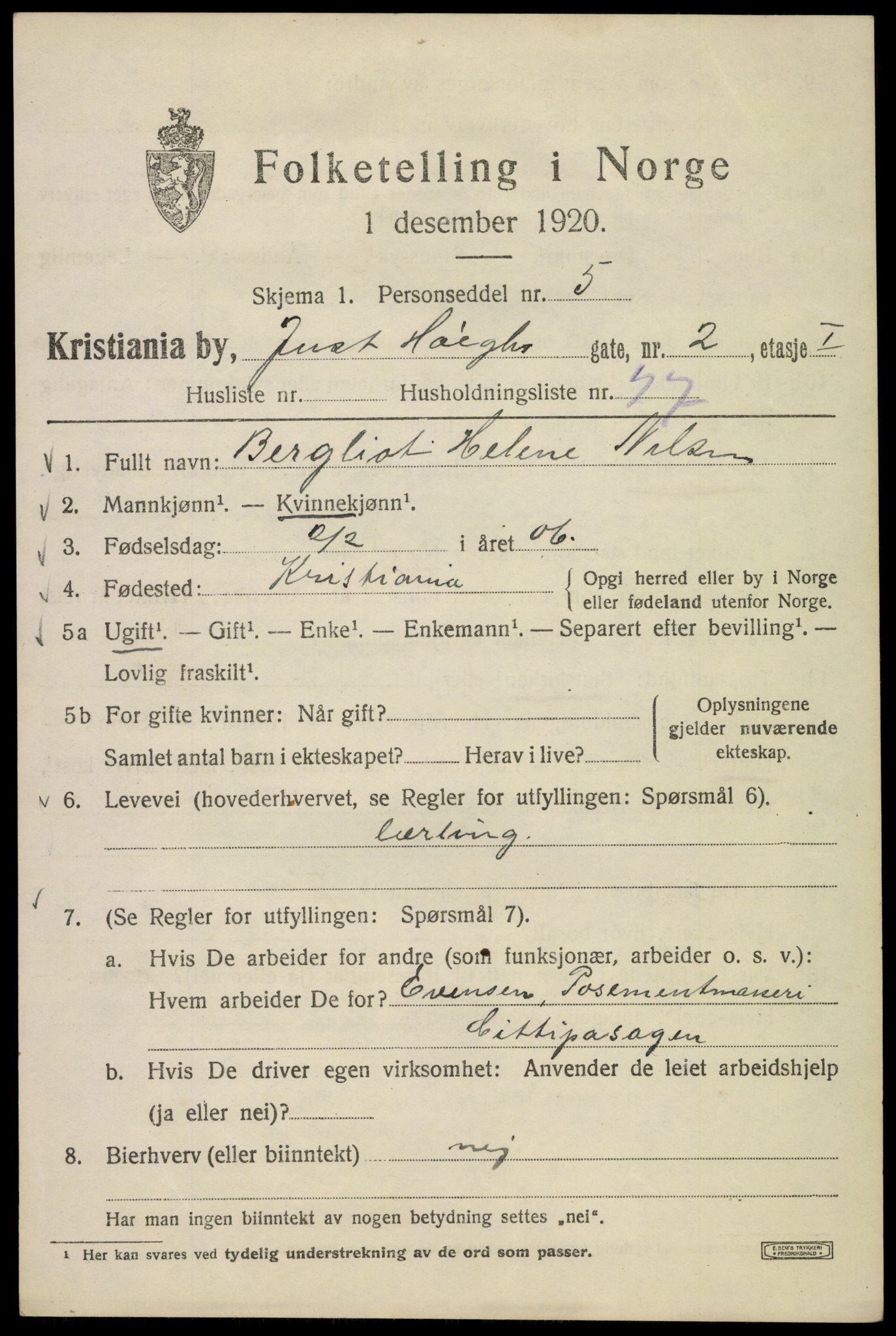 SAO, 1920 census for Kristiania, 1920, p. 325593