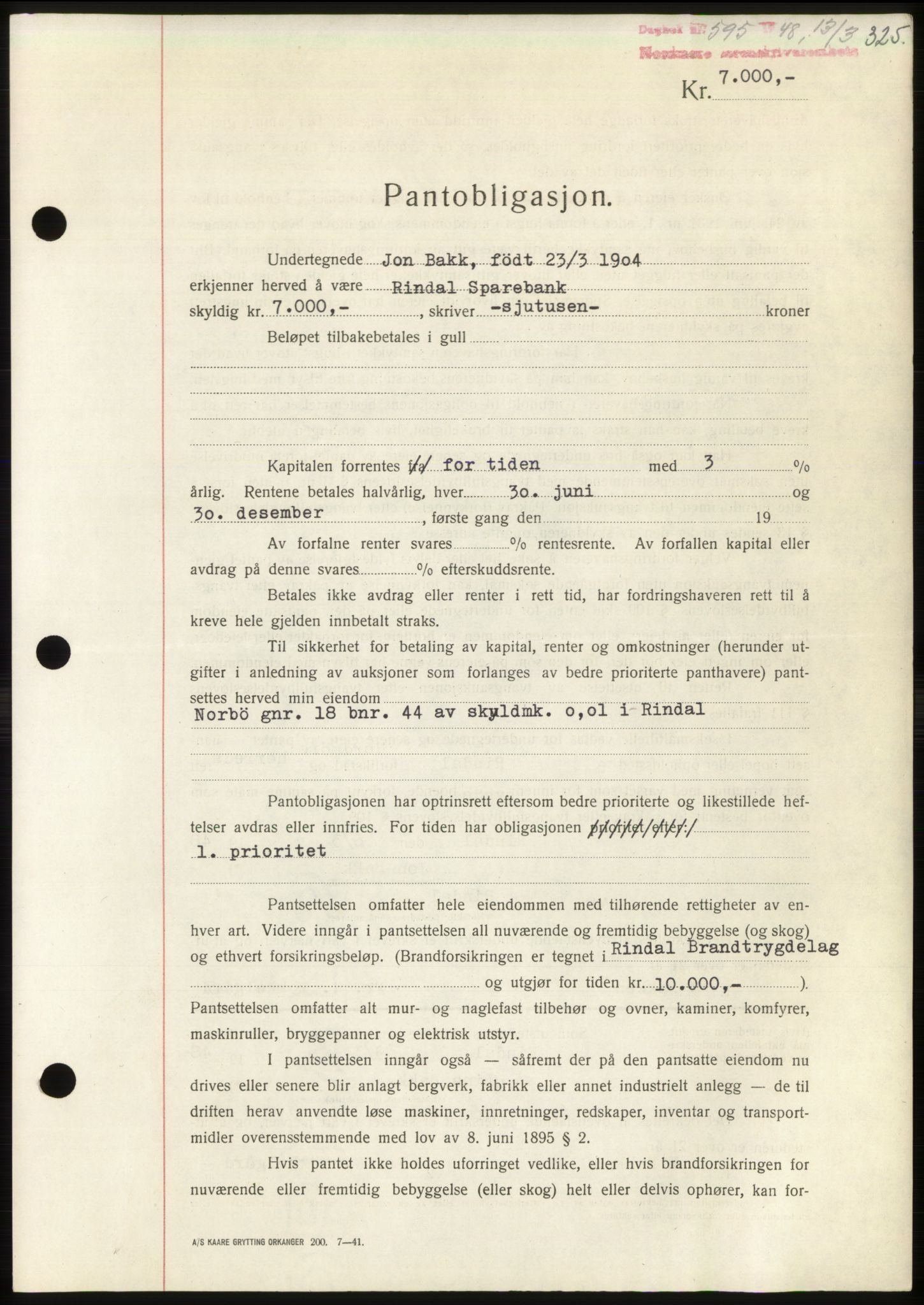 Nordmøre sorenskriveri, AV/SAT-A-4132/1/2/2Ca: Mortgage book no. B98, 1948-1948, Diary no: : 595/1948