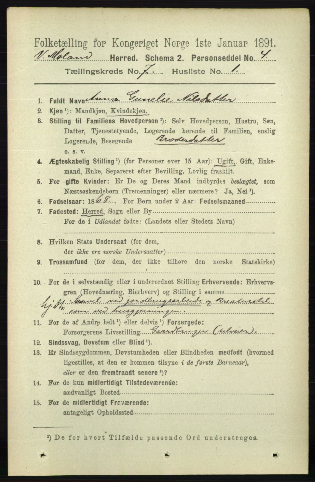 RA, 1891 census for 0926 Vestre Moland, 1891, p. 2802