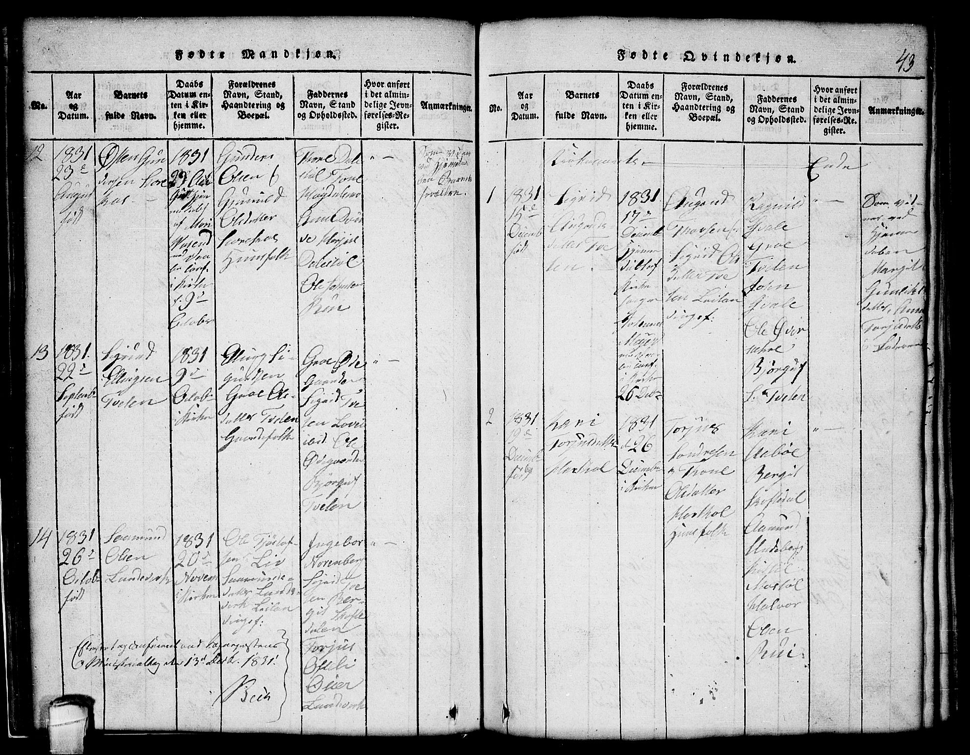 Lårdal kirkebøker, SAKO/A-284/G/Gc/L0001: Parish register (copy) no. III 1, 1815-1854, p. 43