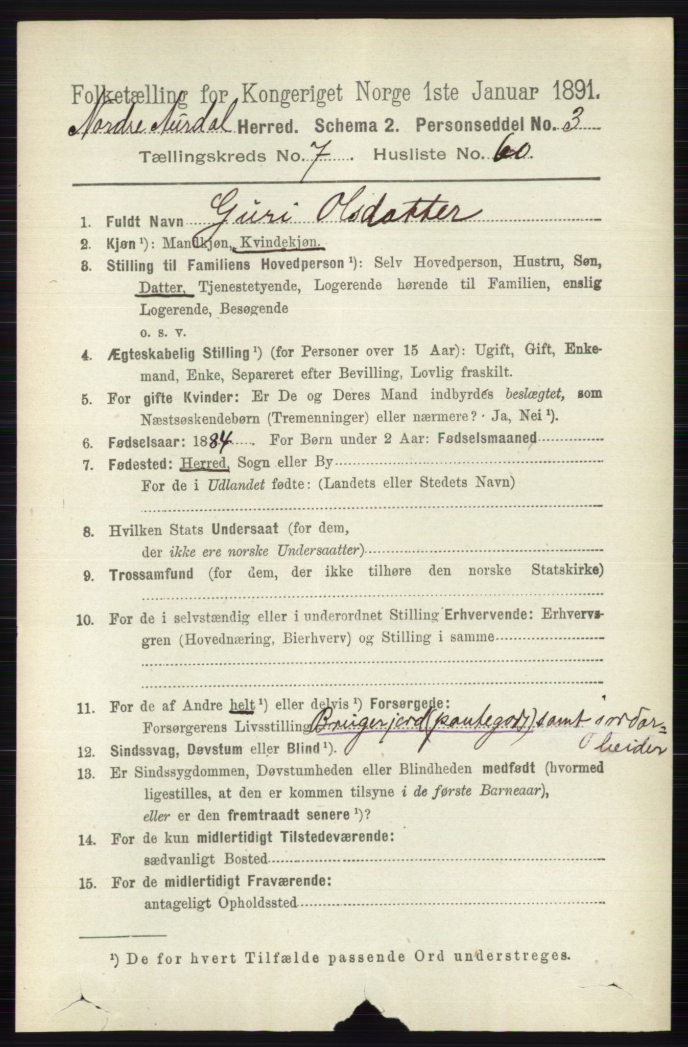 RA, 1891 census for 0542 Nord-Aurdal, 1891, p. 2700