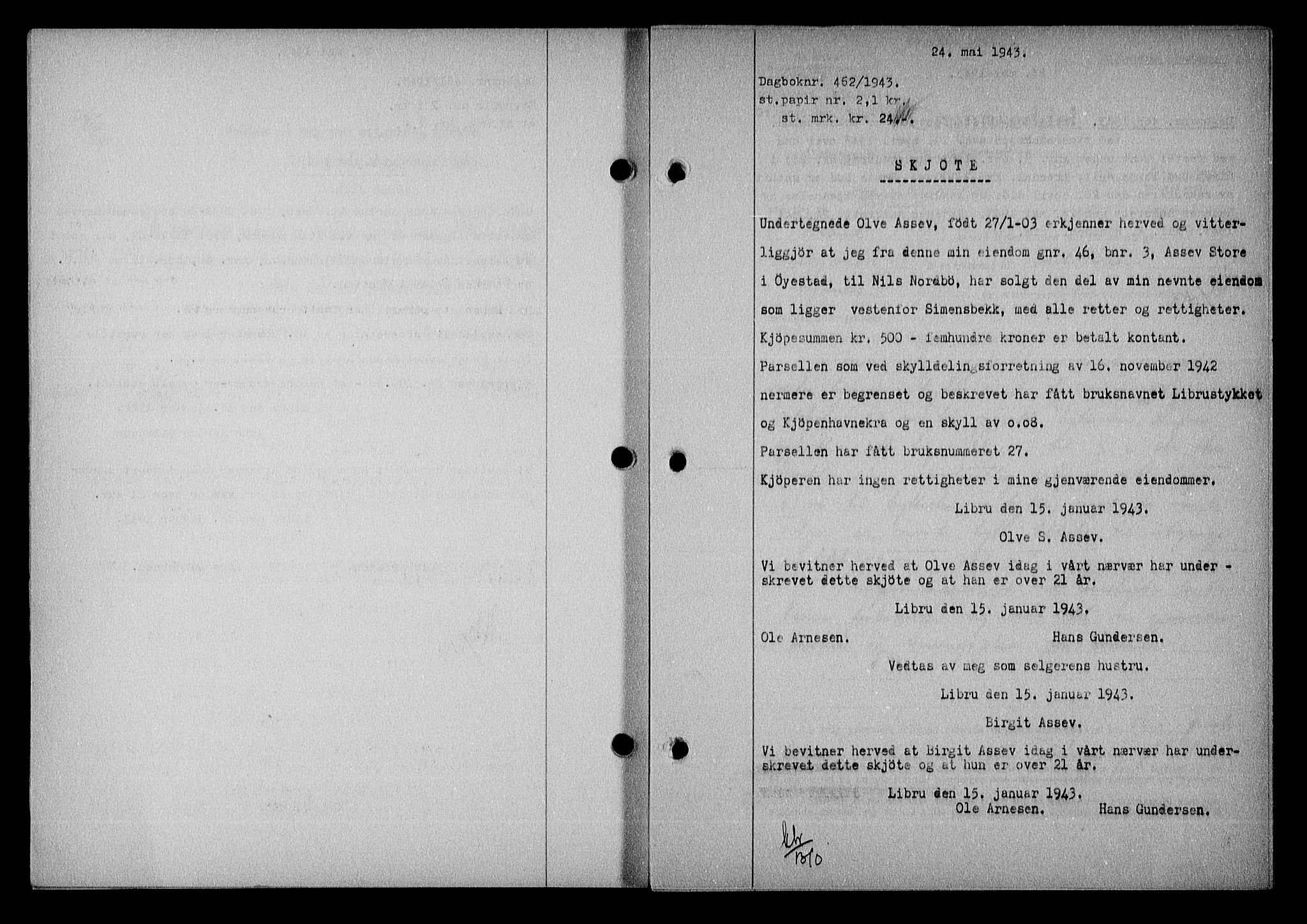 Nedenes sorenskriveri, SAK/1221-0006/G/Gb/Gba/L0050: Mortgage book no. A-IV, 1942-1943, Diary no: : 462/1943