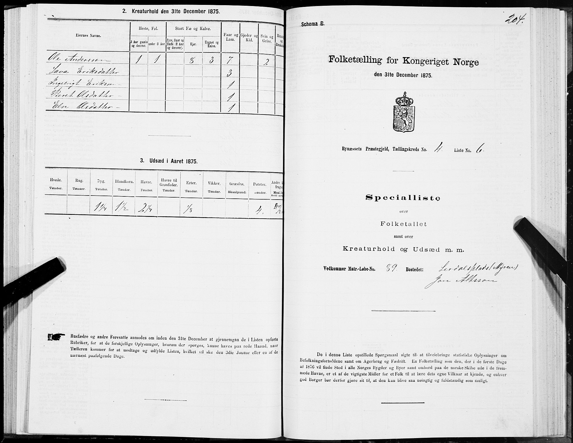 SAT, 1875 census for 1655P Byneset, 1875, p. 2204