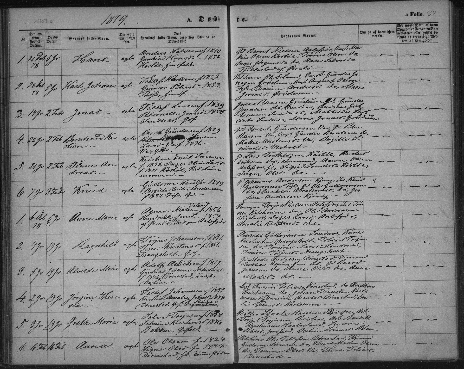Tveit sokneprestkontor, SAK/1111-0043/F/Fa/L0006: Parish register (official) no. A 6, 1872-1886, p. 34