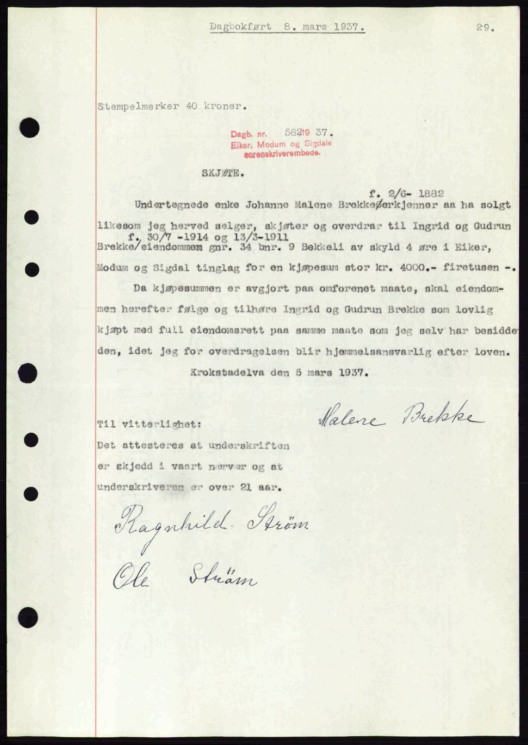 Eiker, Modum og Sigdal sorenskriveri, SAKO/A-123/G/Ga/Gab/L0035: Mortgage book no. A5, 1937-1937, Diary no: : 582/1937