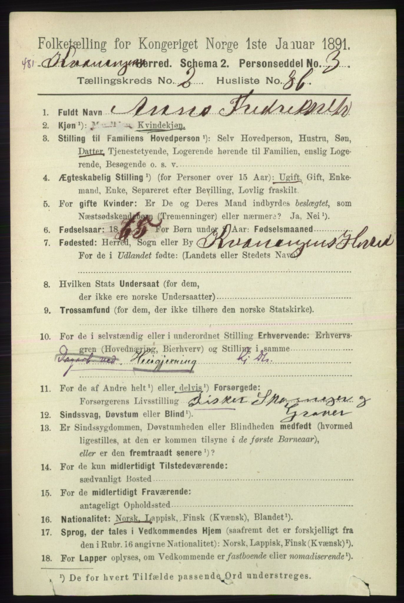 RA, 1891 census for 1943 Kvænangen, 1891, p. 1006