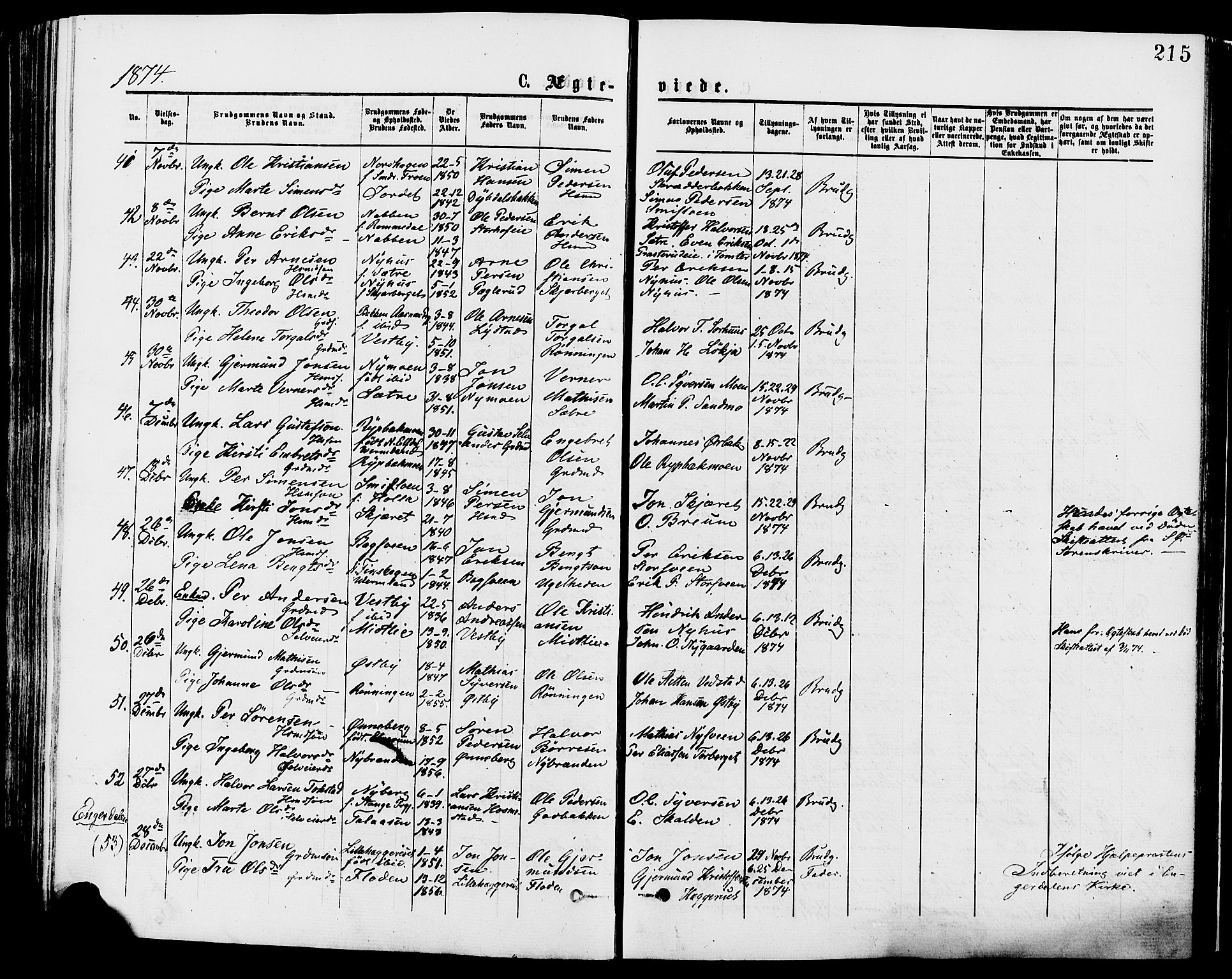 Trysil prestekontor, AV/SAH-PREST-046/H/Ha/Haa/L0007: Parish register (official) no. 7, 1874-1880, p. 215