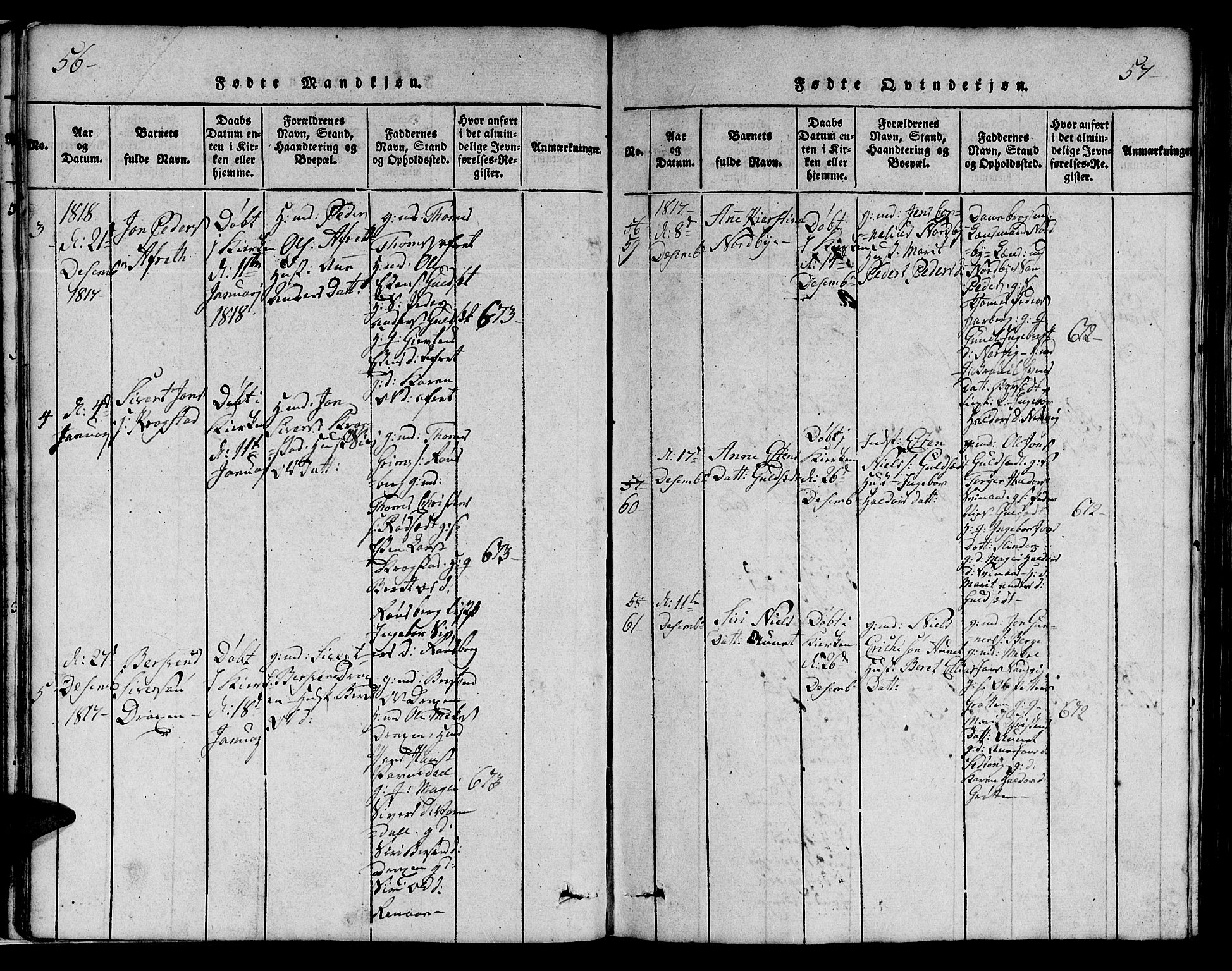 Ministerialprotokoller, klokkerbøker og fødselsregistre - Sør-Trøndelag, SAT/A-1456/695/L1152: Parish register (copy) no. 695C03, 1816-1831, p. 56-57