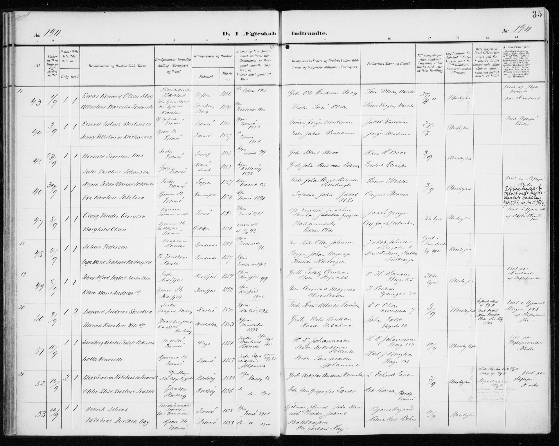 Tromsø sokneprestkontor/stiftsprosti/domprosti, AV/SATØ-S-1343/G/Ga/L0018kirke: Parish register (official) no. 18, 1907-1917, p. 35