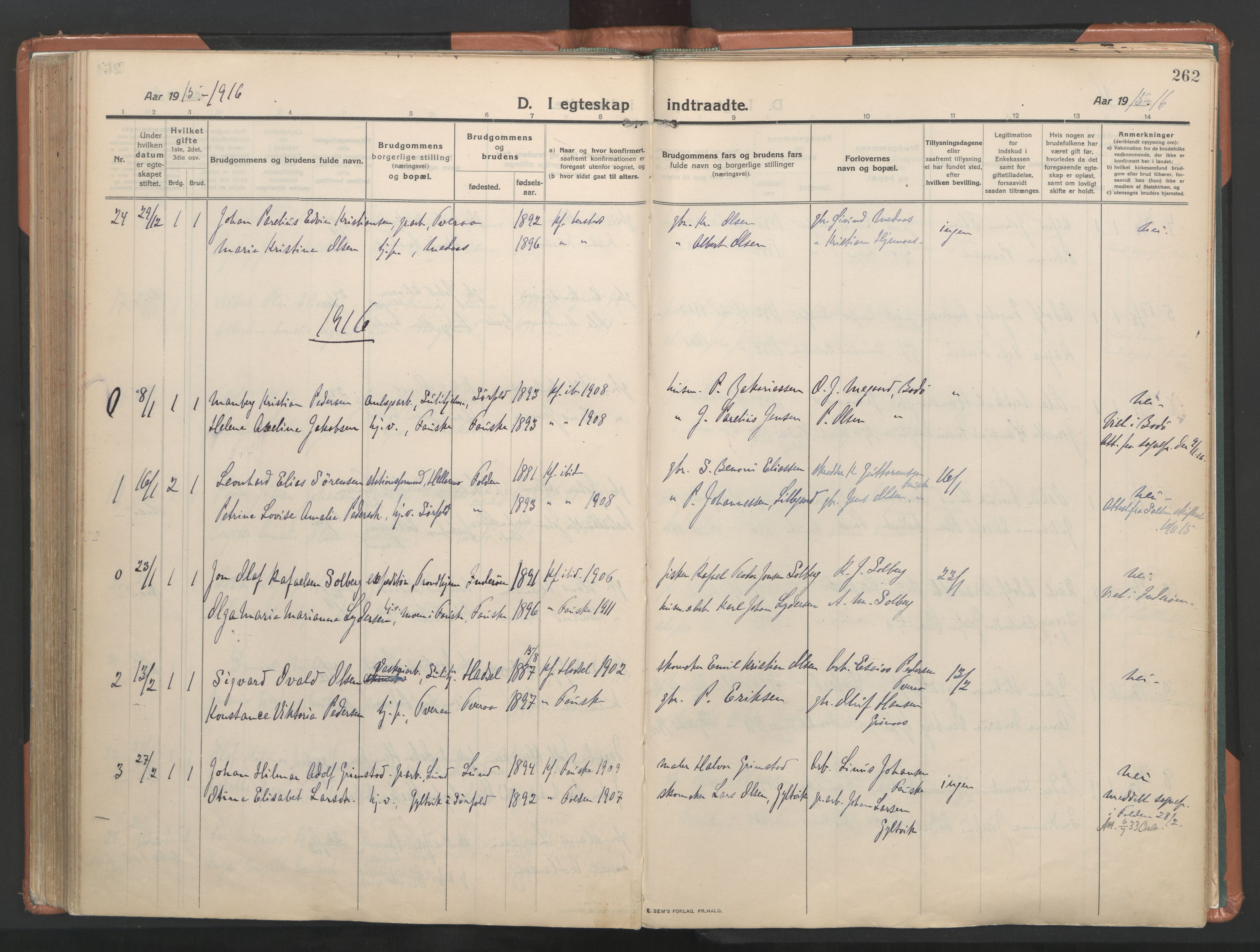 Ministerialprotokoller, klokkerbøker og fødselsregistre - Nordland, AV/SAT-A-1459/849/L0698: Parish register (official) no. 849A09, 1911-1924, p. 262