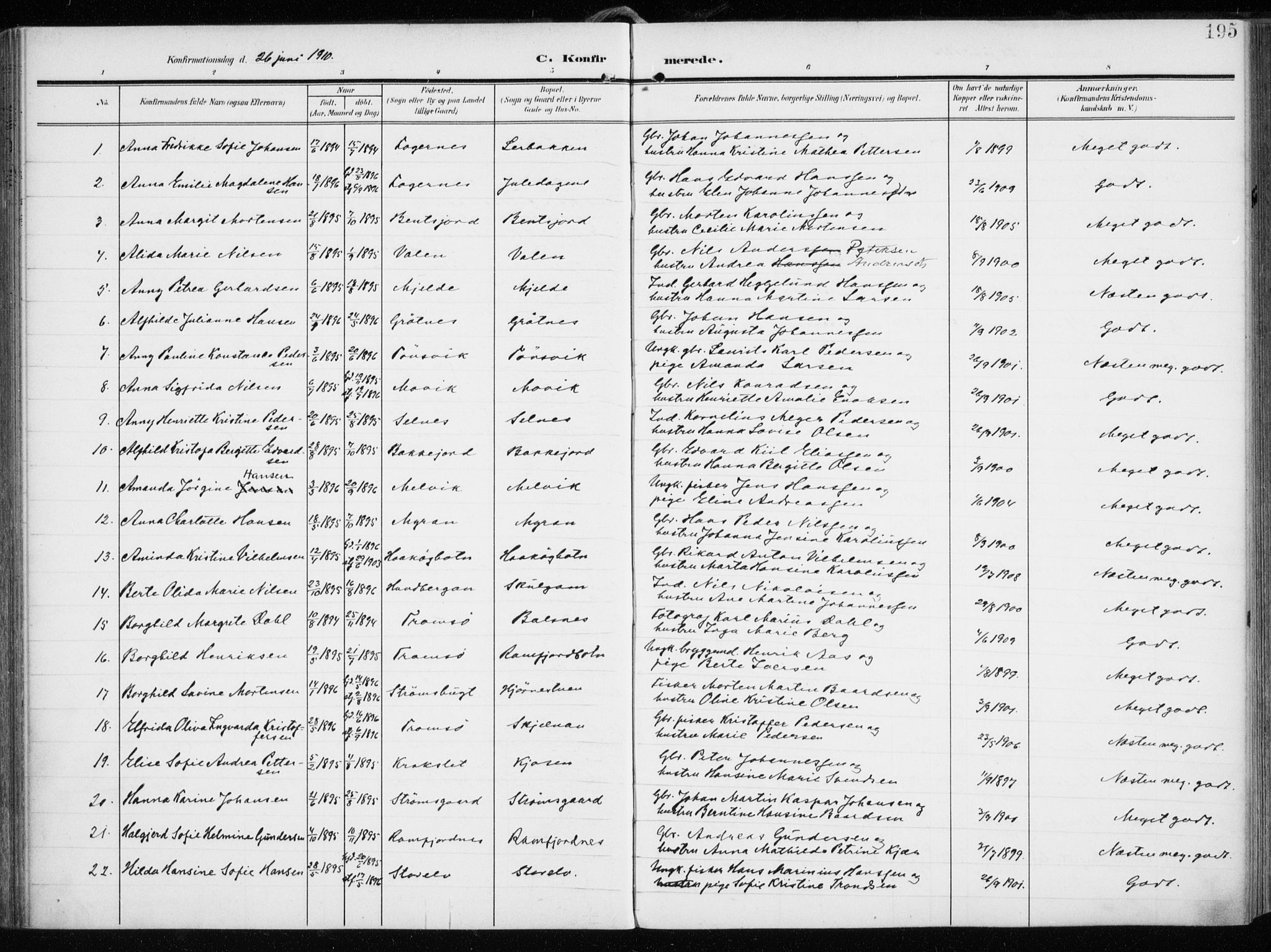 Tromsøysund sokneprestkontor, AV/SATØ-S-1304/G/Ga/L0007kirke: Parish register (official) no. 7, 1907-1914, p. 195