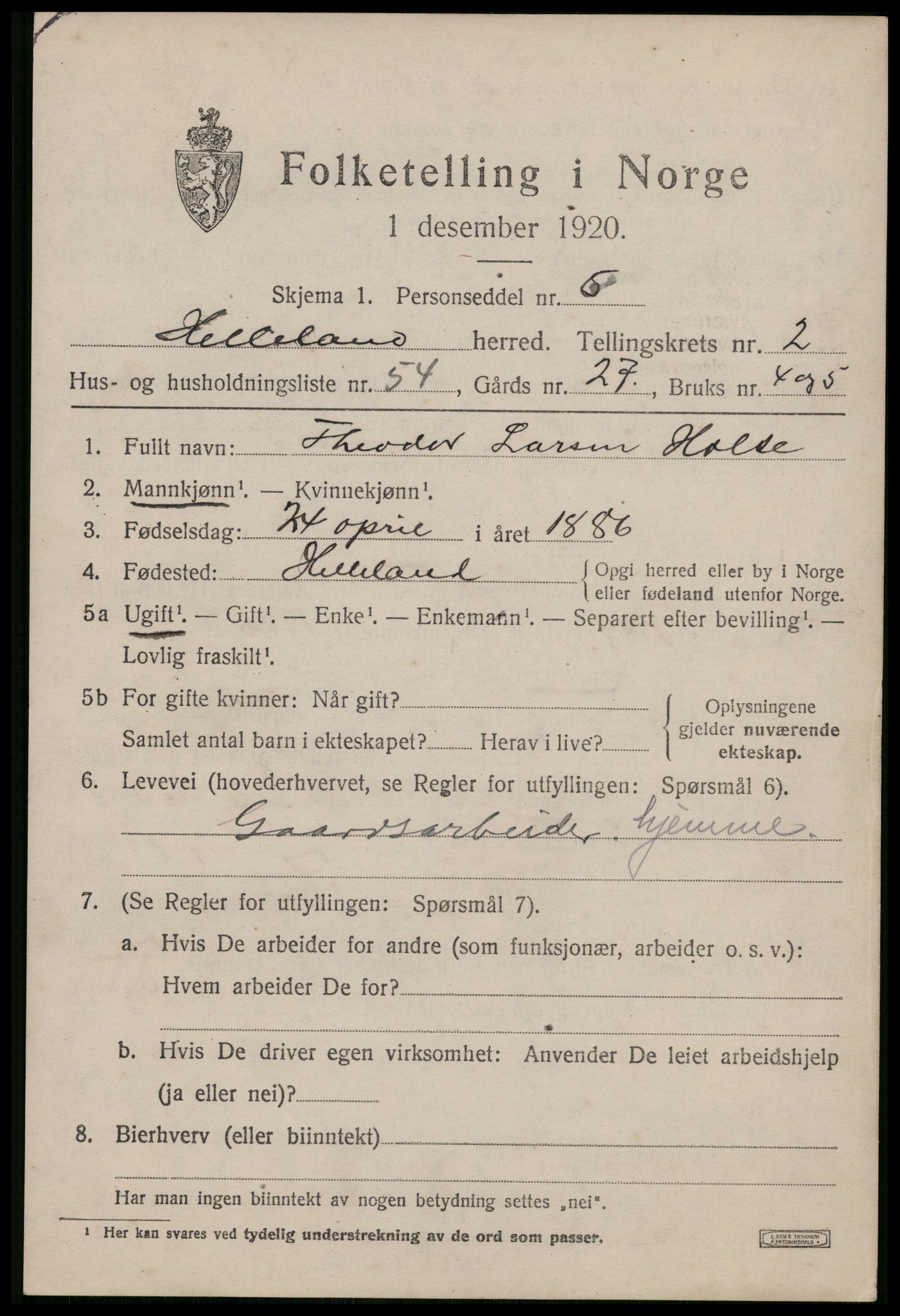 SAST, 1920 census for Helleland, 1920, p. 1571