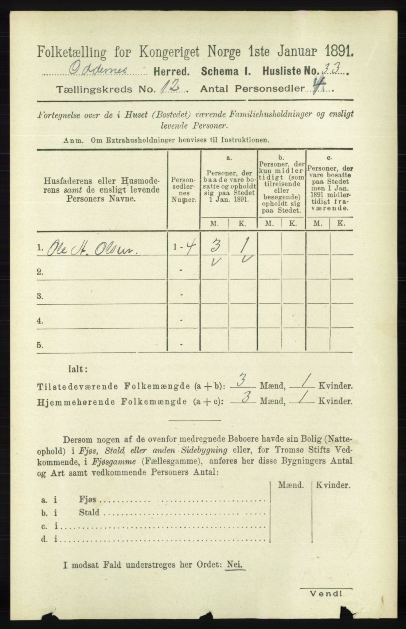 RA, 1891 census for 1012 Oddernes, 1891, p. 4343