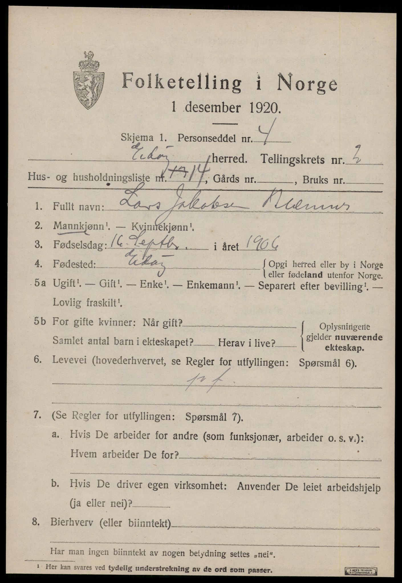 SAT, 1920 census for Edøy, 1920, p. 914