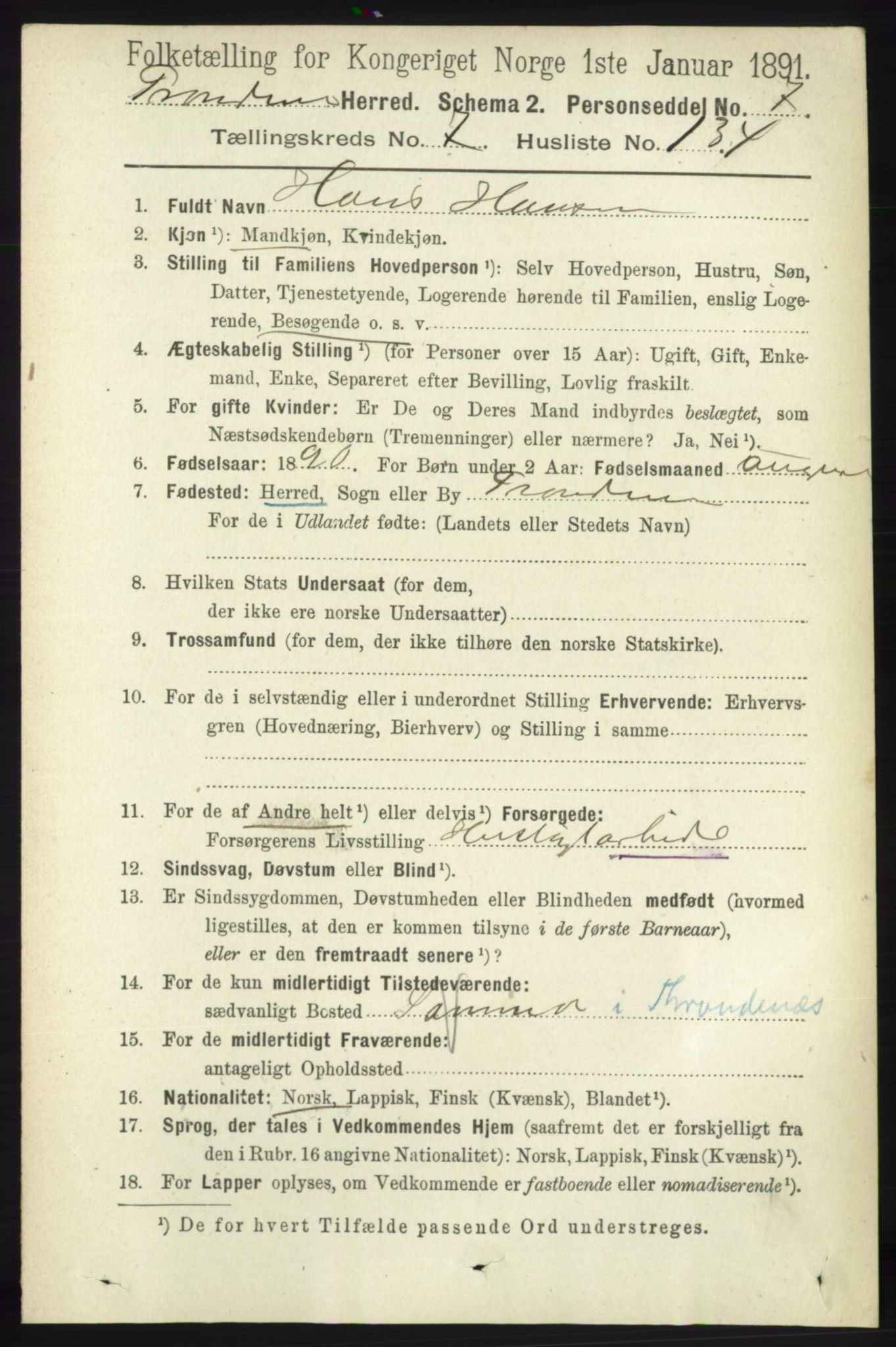 RA, 1891 census for 1914 Trondenes, 1891, p. 5337