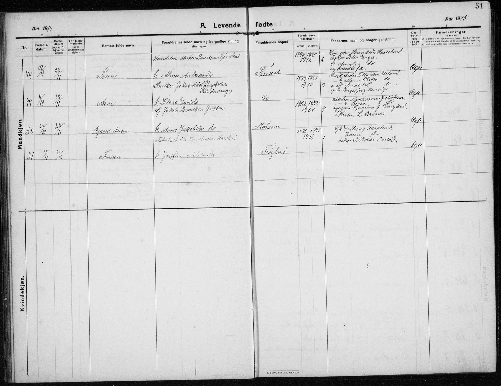 Time sokneprestkontor, AV/SAST-A-101795/001/30BB/L0001: Parish register (copy) no. B 1, 1910-1932, p. 51