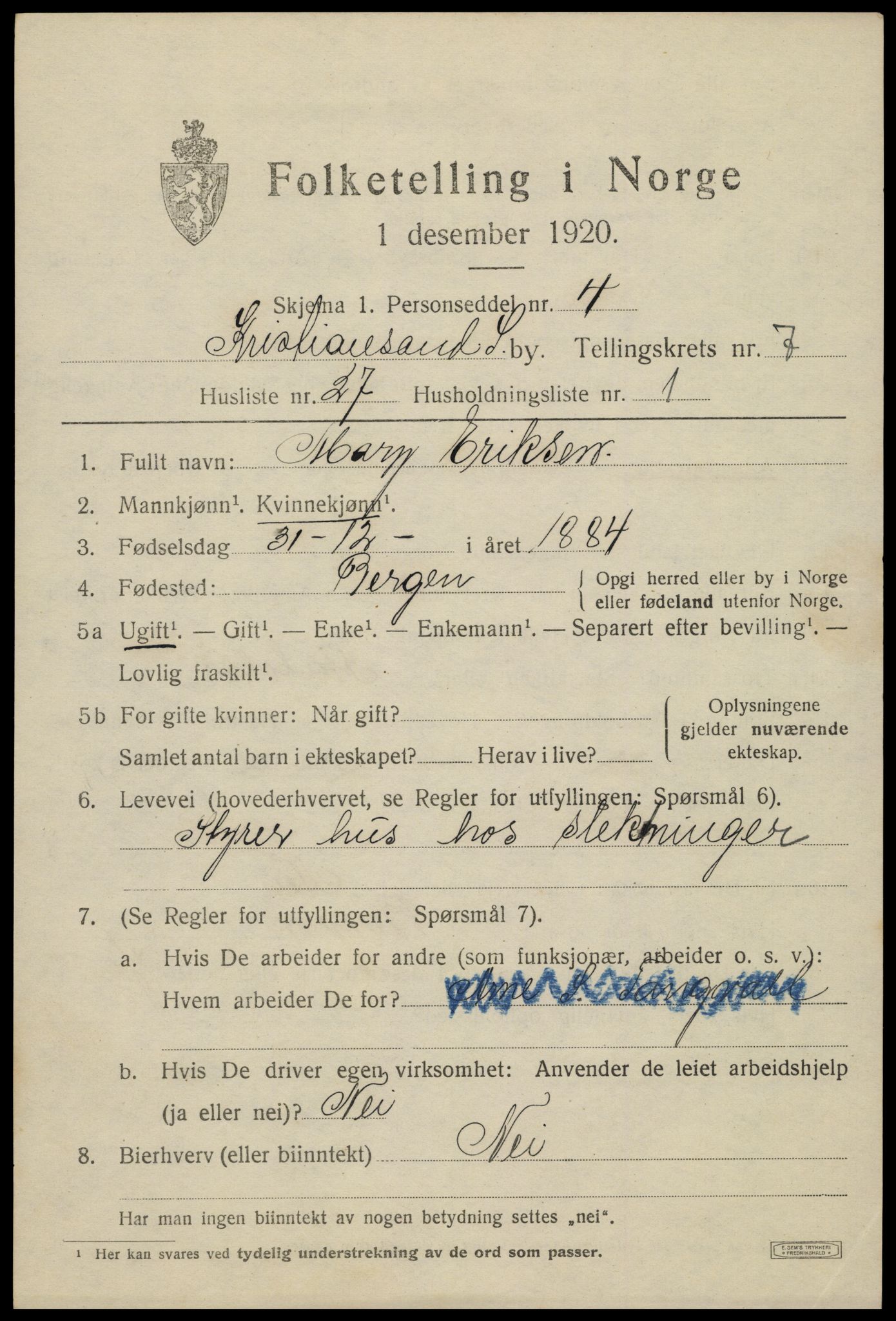 SAK, 1920 census for Kristiansand, 1920, p. 20533