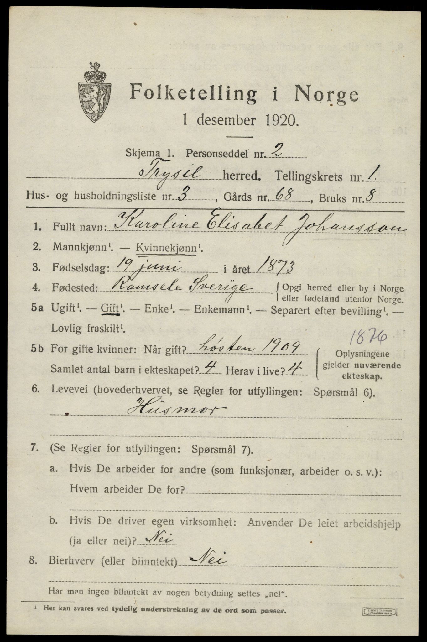 SAH, 1920 census for Trysil, 1920, p. 2559