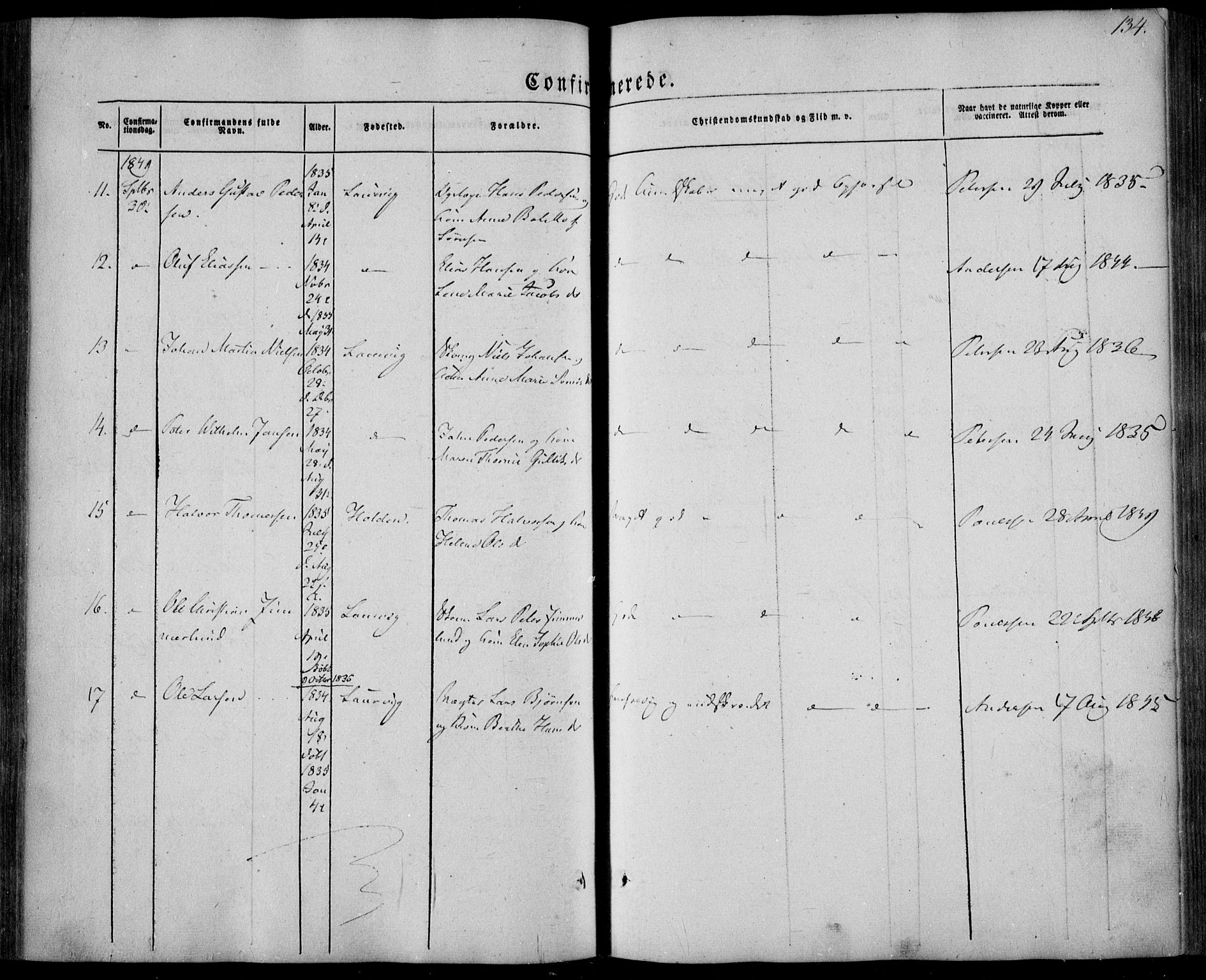 Larvik kirkebøker, AV/SAKO-A-352/F/Fa/L0003: Parish register (official) no. I 3, 1848-1856, p. 134