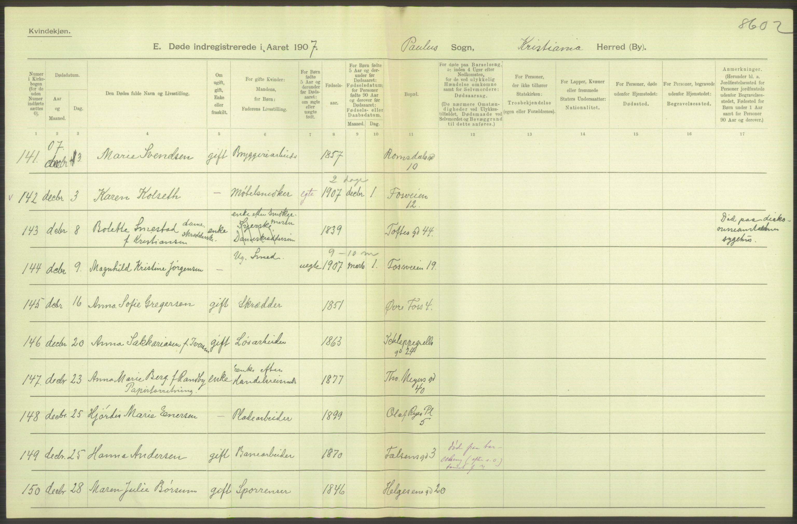 Statistisk sentralbyrå, Sosiodemografiske emner, Befolkning, AV/RA-S-2228/D/Df/Dfa/Dfae/L0009: Kristiania: Døde, 1907, p. 376