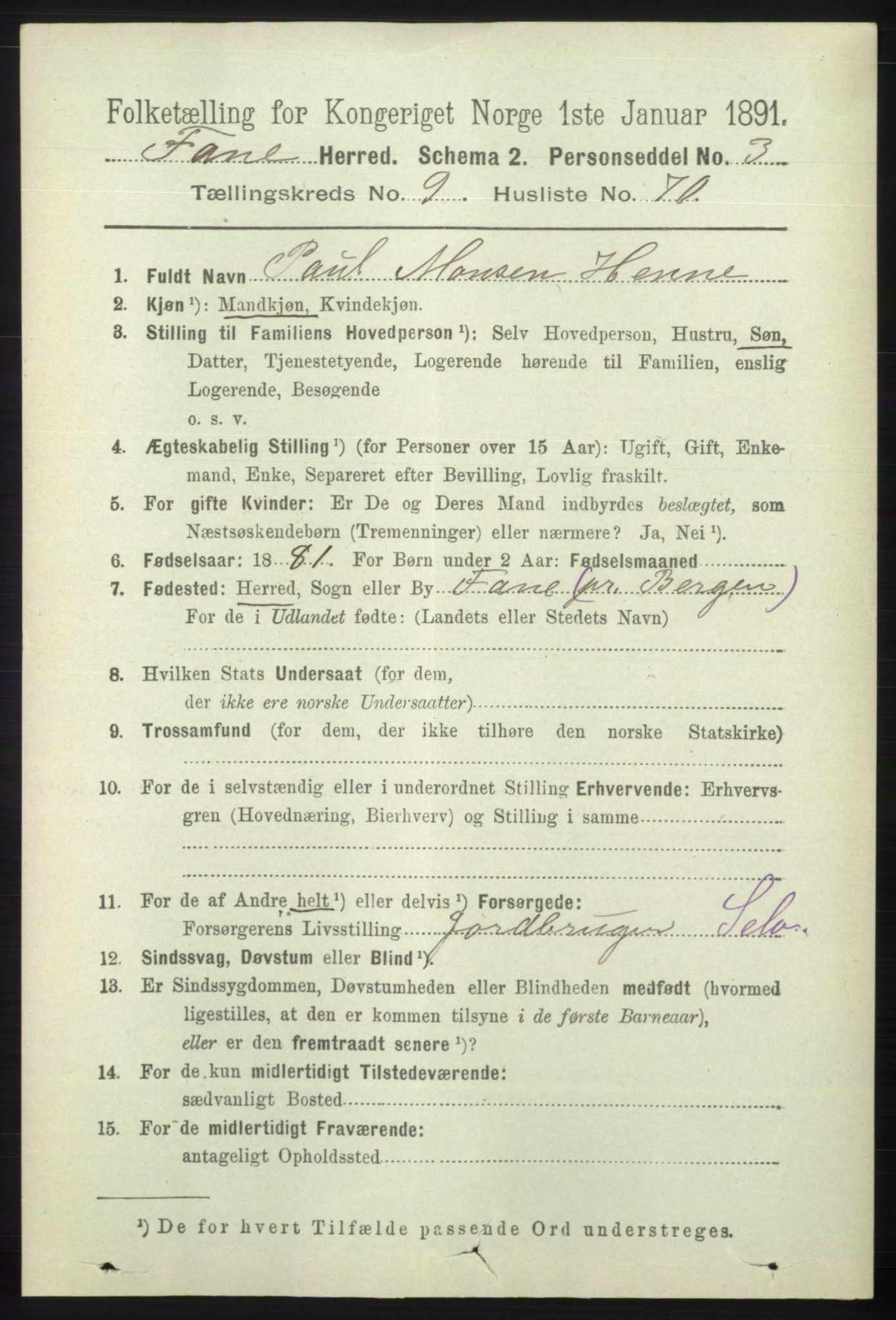 RA, 1891 census for 1249 Fana, 1891, p. 5343