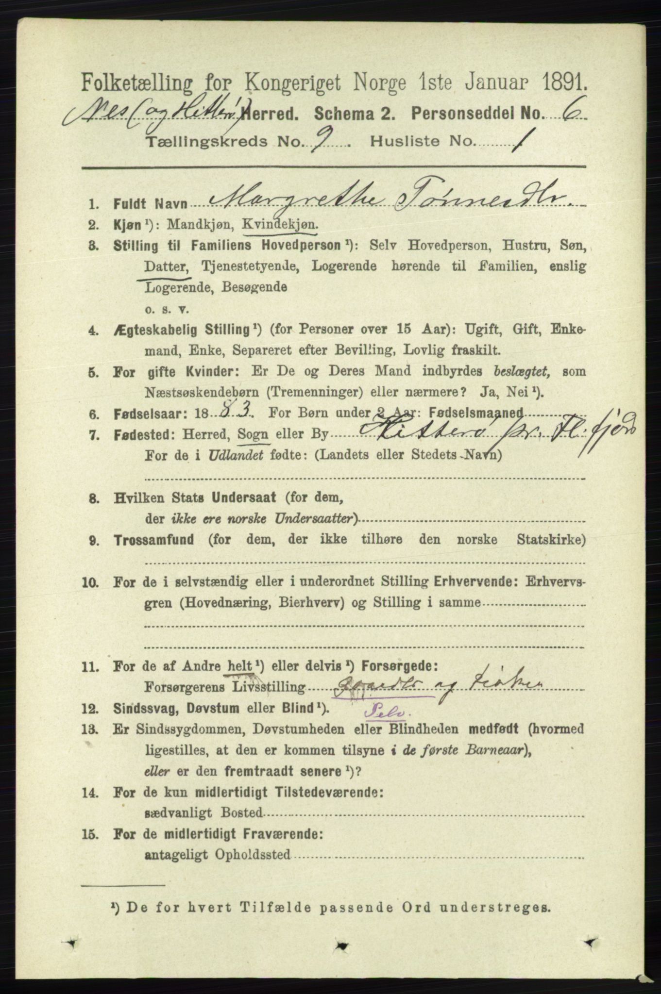 RA, 1891 census for 1043 Hidra og Nes, 1891, p. 3772