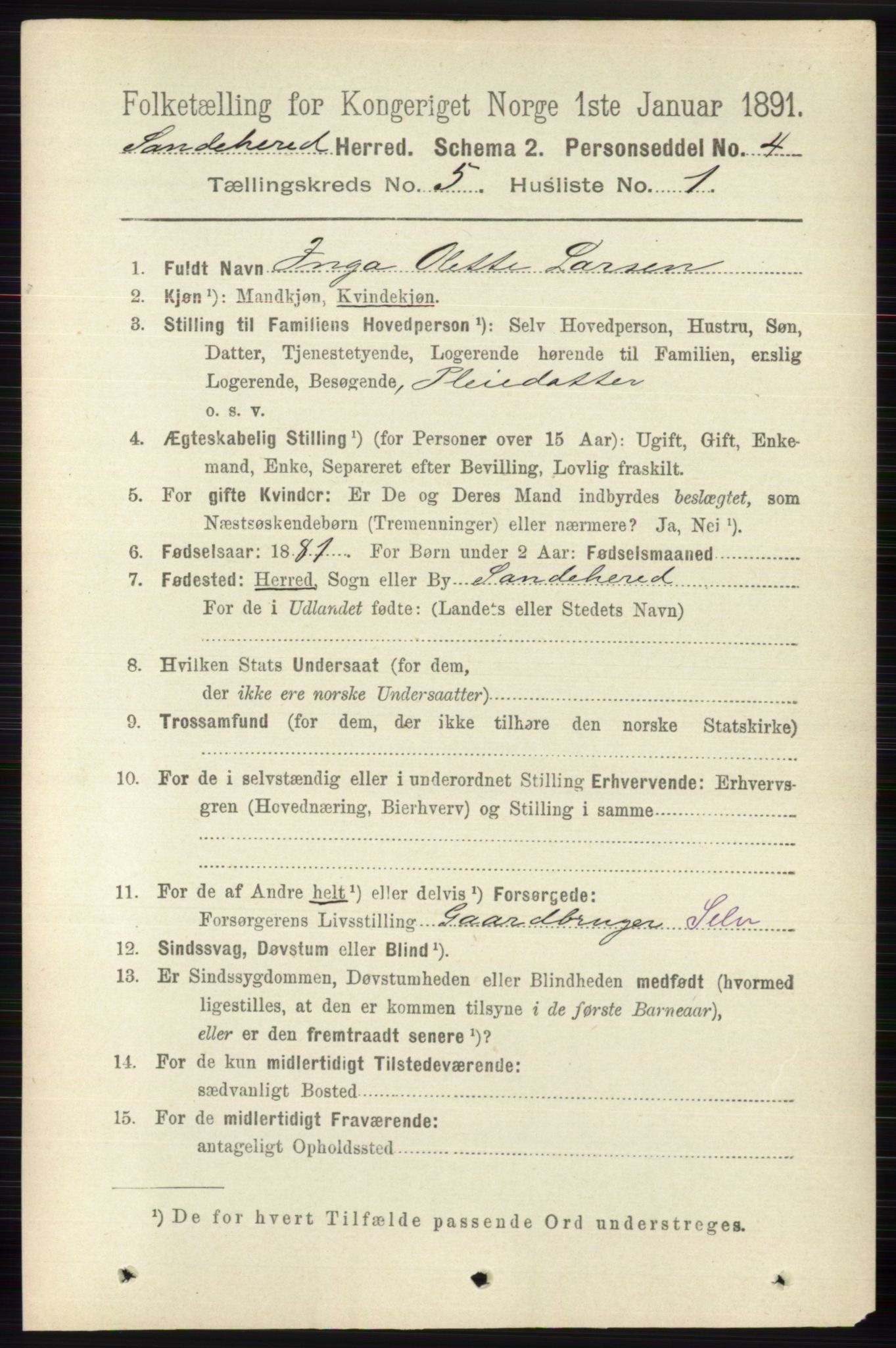 RA, 1891 census for 0724 Sandeherred, 1891, p. 2827