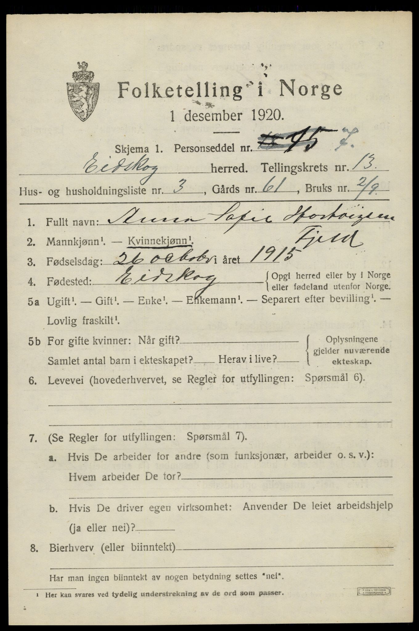 SAH, 1920 census for Eidskog, 1920, p. 12147