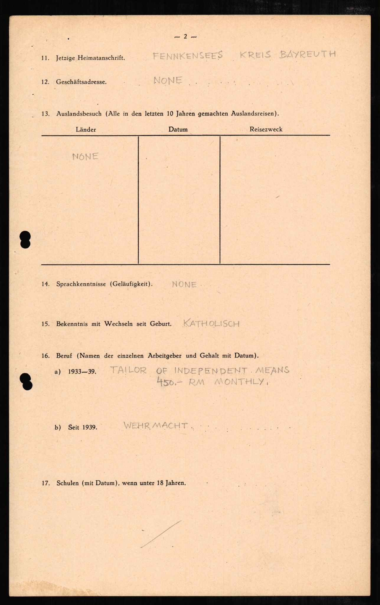 Forsvaret, Forsvarets overkommando II, RA/RAFA-3915/D/Db/L0003: CI Questionaires. Tyske okkupasjonsstyrker i Norge. Tyskere., 1945-1946, p. 287