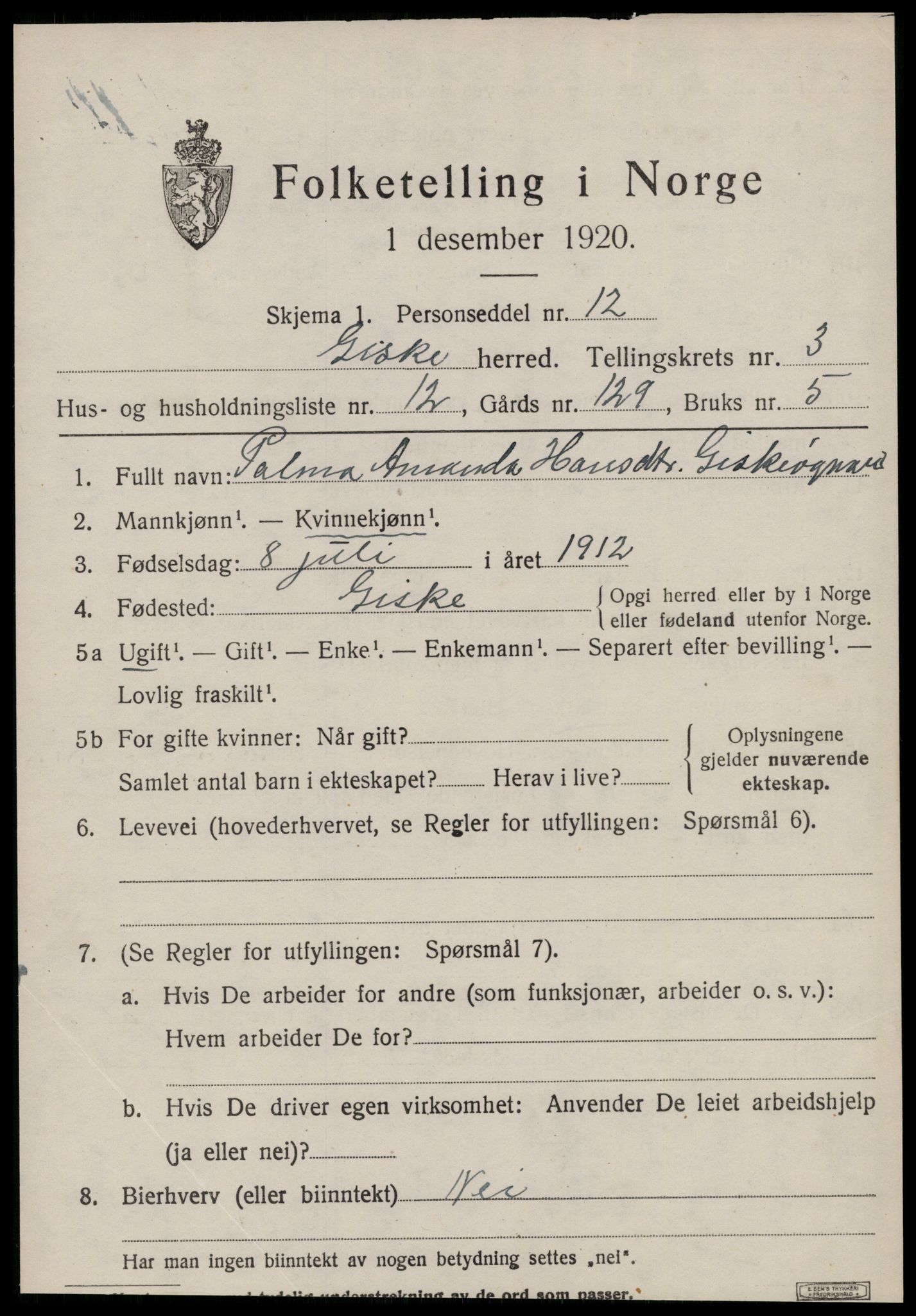 SAT, 1920 census for Giske, 1920, p. 1908