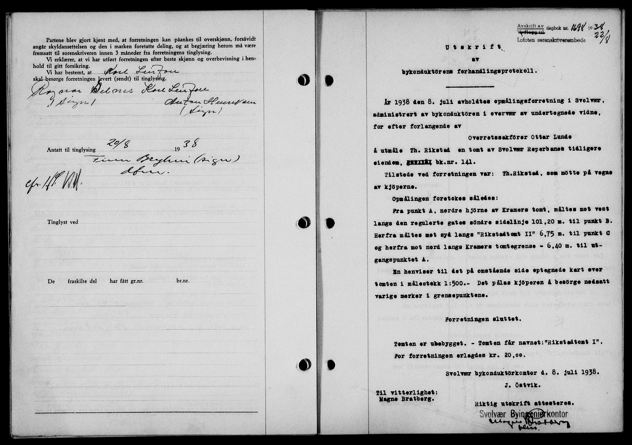 Lofoten sorenskriveri, SAT/A-0017/1/2/2C/L0004a: Mortgage book no. 4a, 1938-1938, Diary no: : 1698/1938