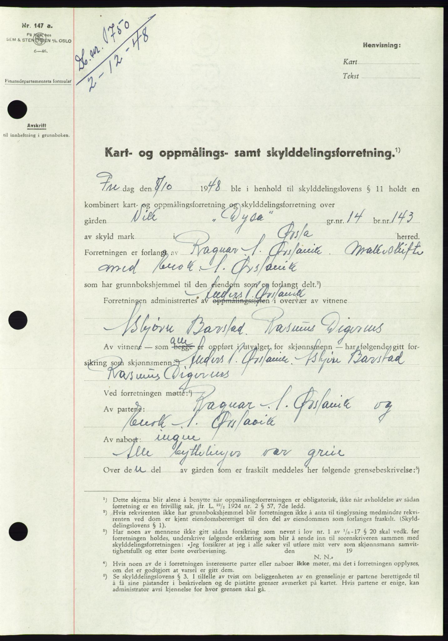 Søre Sunnmøre sorenskriveri, AV/SAT-A-4122/1/2/2C/L0083: Mortgage book no. 9A, 1948-1949, Diary no: : 1750/1948