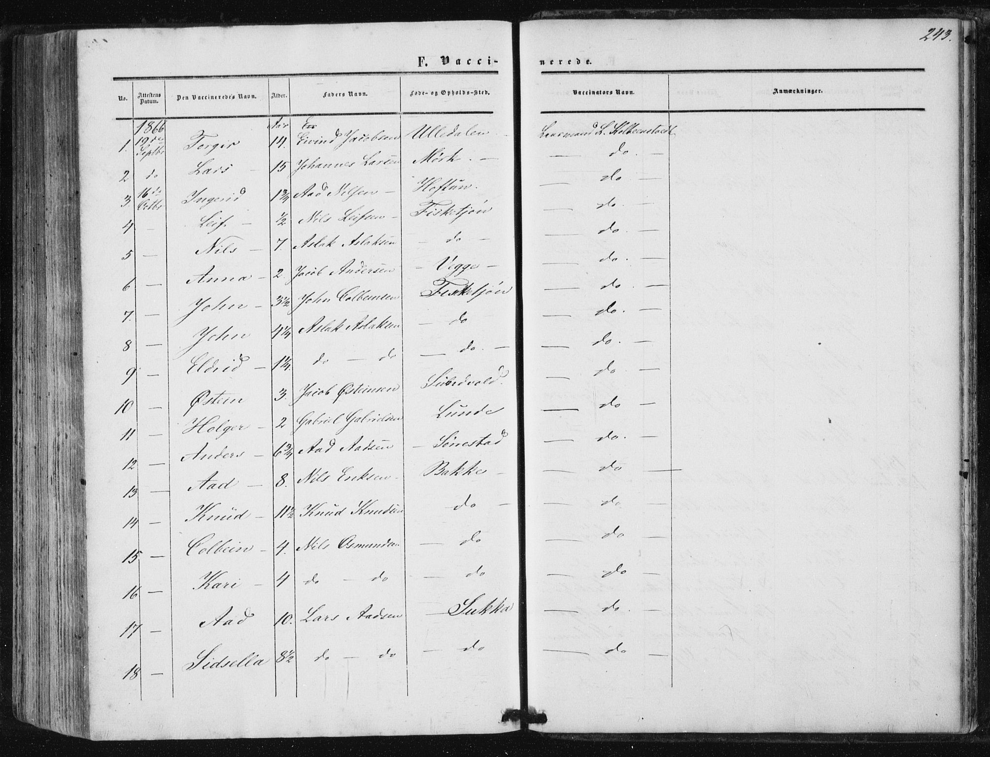 Suldal sokneprestkontor, AV/SAST-A-101845/01/IV/L0009: Parish register (official) no. A 9, 1854-1868, p. 243