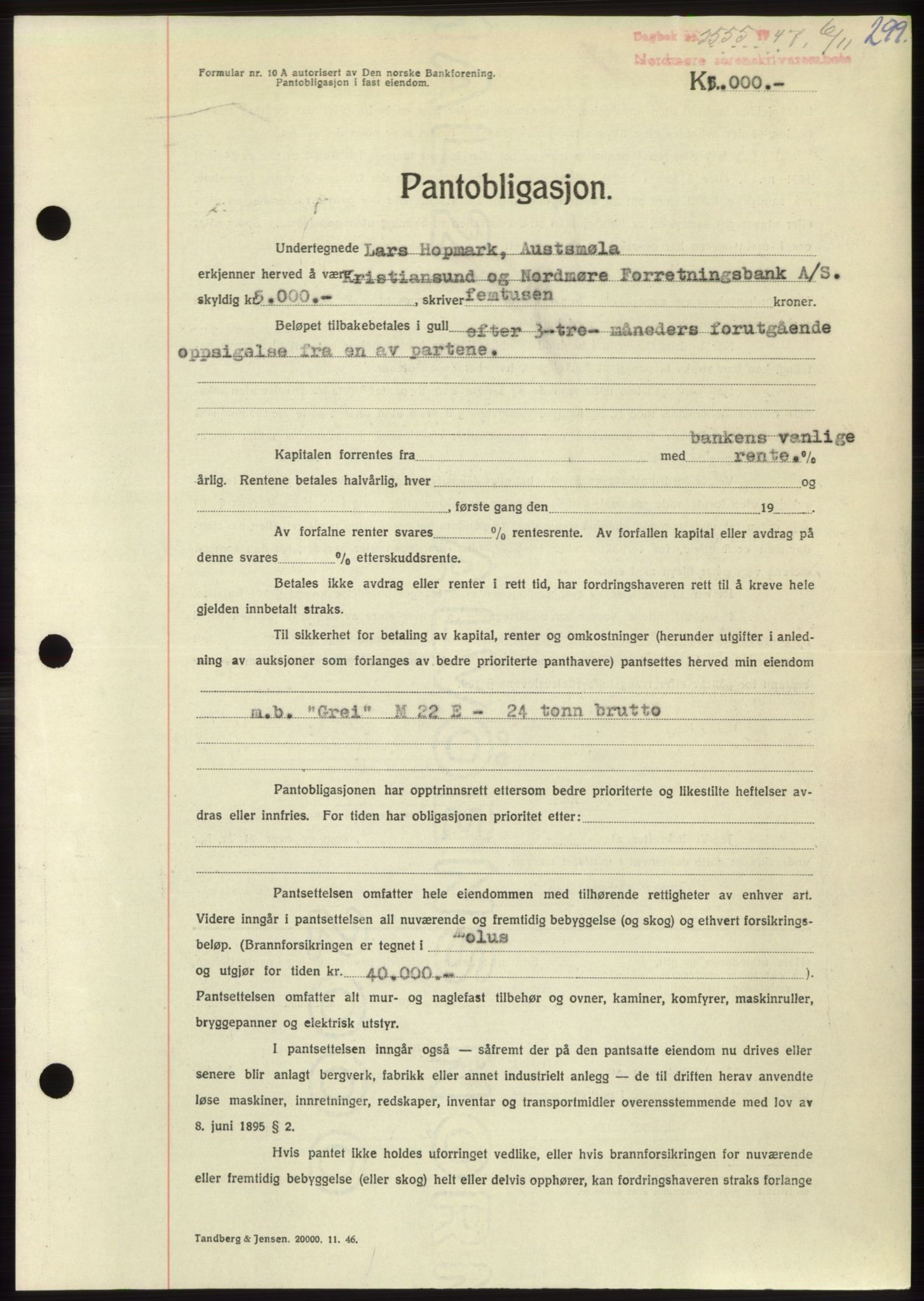 Nordmøre sorenskriveri, AV/SAT-A-4132/1/2/2Ca: Mortgage book no. B97, 1947-1948, Diary no: : 2555/1947