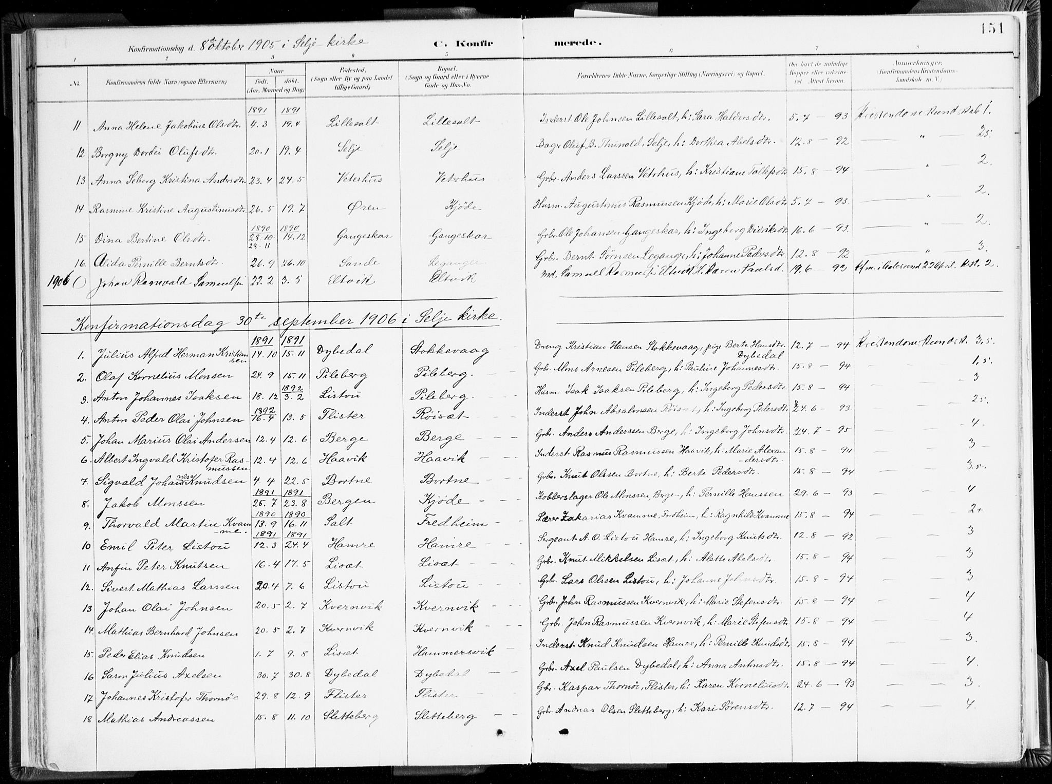 Selje sokneprestembete, SAB/A-99938/H/Ha/Haa/Haab: Parish register (official) no. B 2, 1891-1907, p. 151
