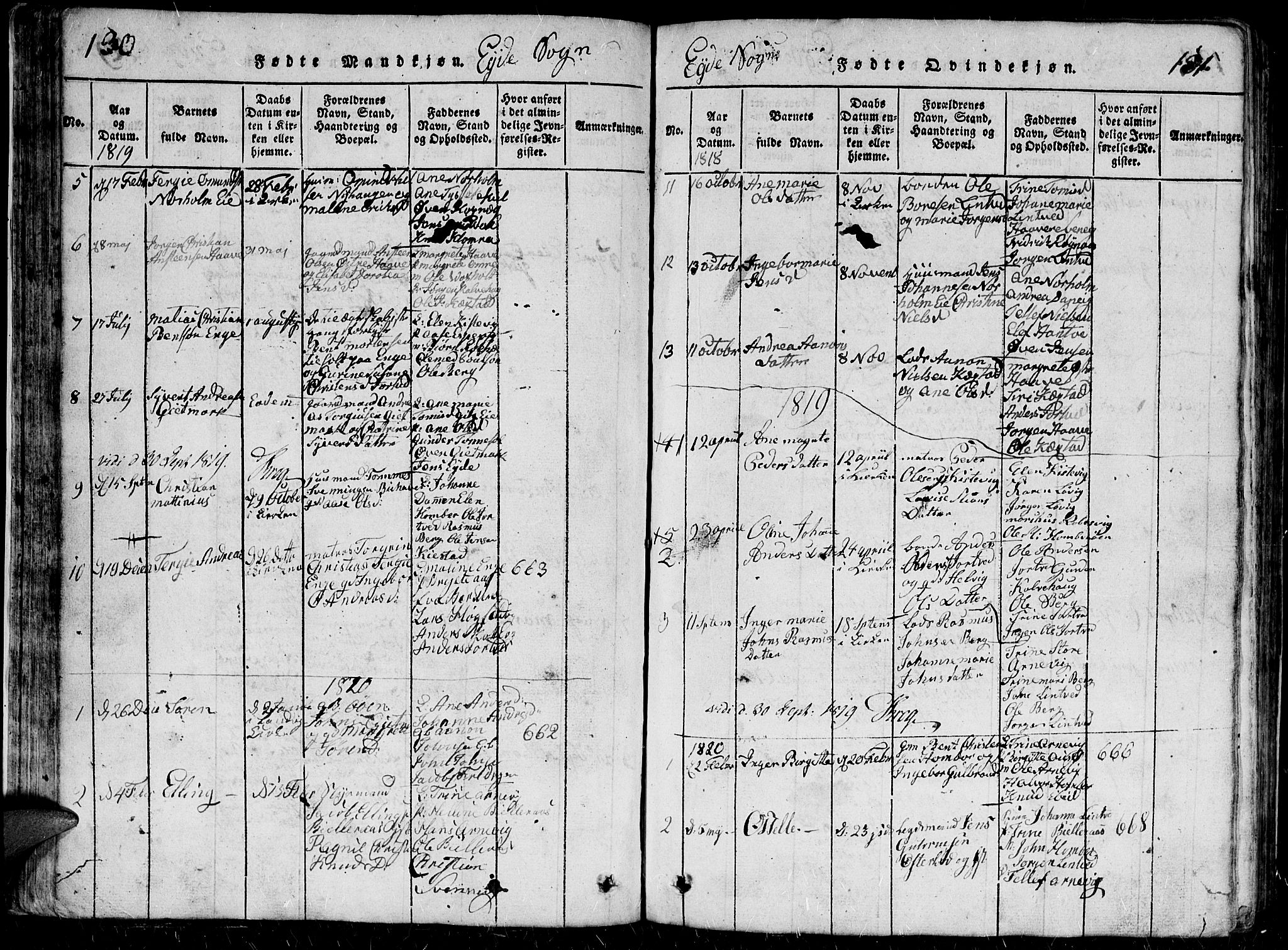 Hommedal sokneprestkontor, AV/SAK-1111-0023/F/Fb/Fbb/L0003: Parish register (copy) no. B 3 /2, 1816-1850, p. 130-131