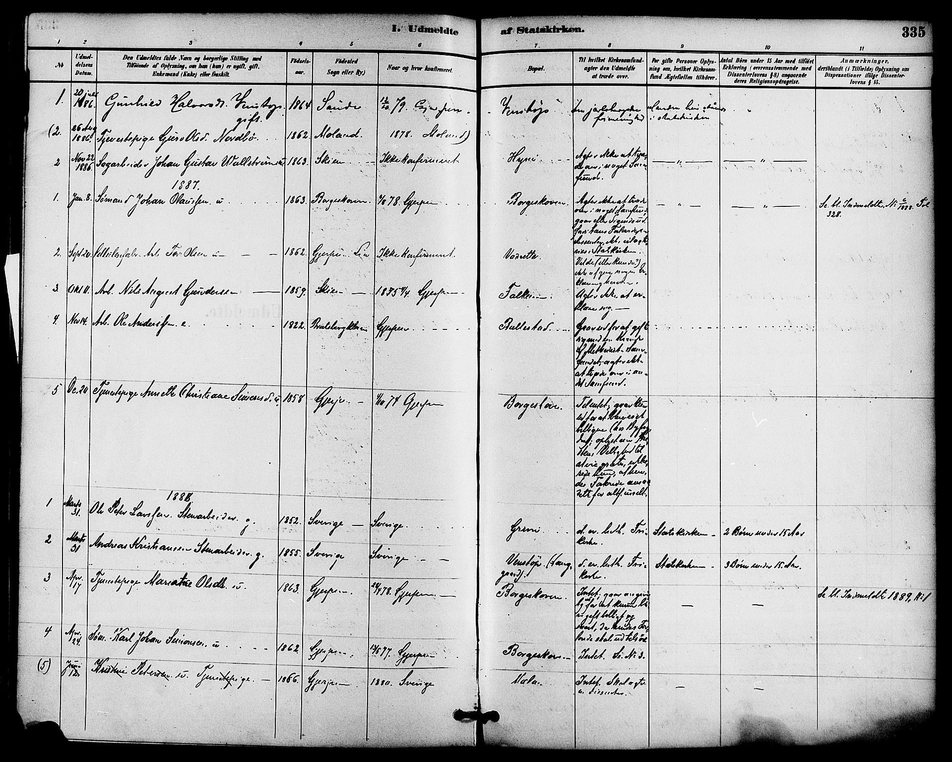 Gjerpen kirkebøker, AV/SAKO-A-265/F/Fa/L0010: Parish register (official) no. I 10, 1886-1895, p. 335