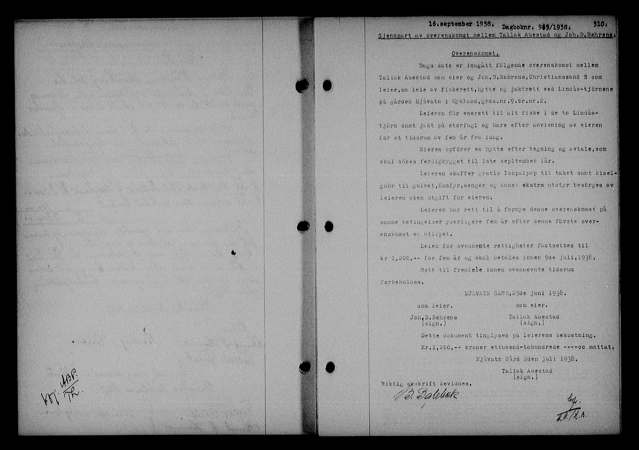 Nedenes sorenskriveri, SAK/1221-0006/G/Gb/Gba/L0045: Mortgage book no. 41, 1938-1938, Diary no: : 945/1938