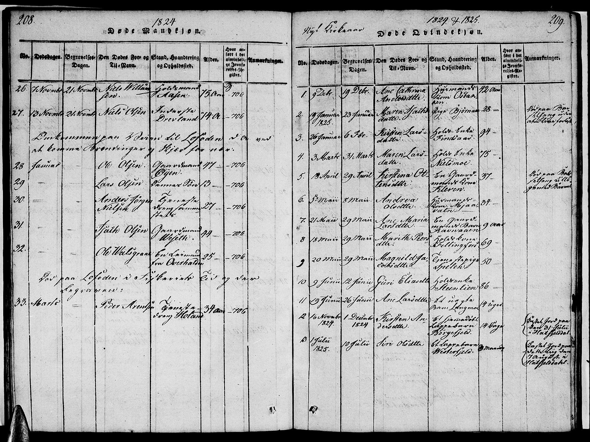 Ministerialprotokoller, klokkerbøker og fødselsregistre - Nordland, AV/SAT-A-1459/820/L0299: Parish register (copy) no. 820C01, 1820-1825, p. 208-209