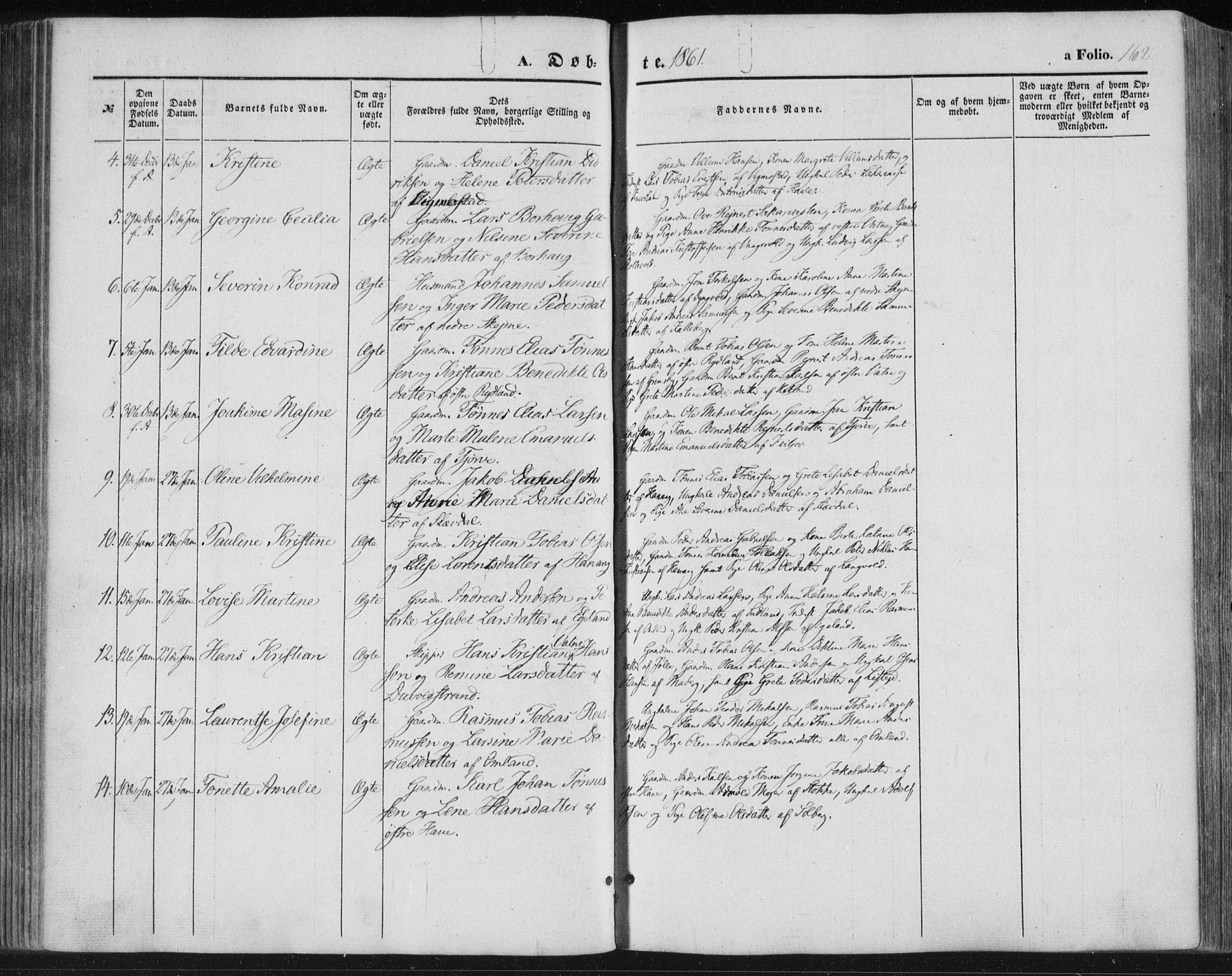 Lista sokneprestkontor, AV/SAK-1111-0027/F/Fa/L0010: Parish register (official) no. A 10, 1846-1861, p. 162