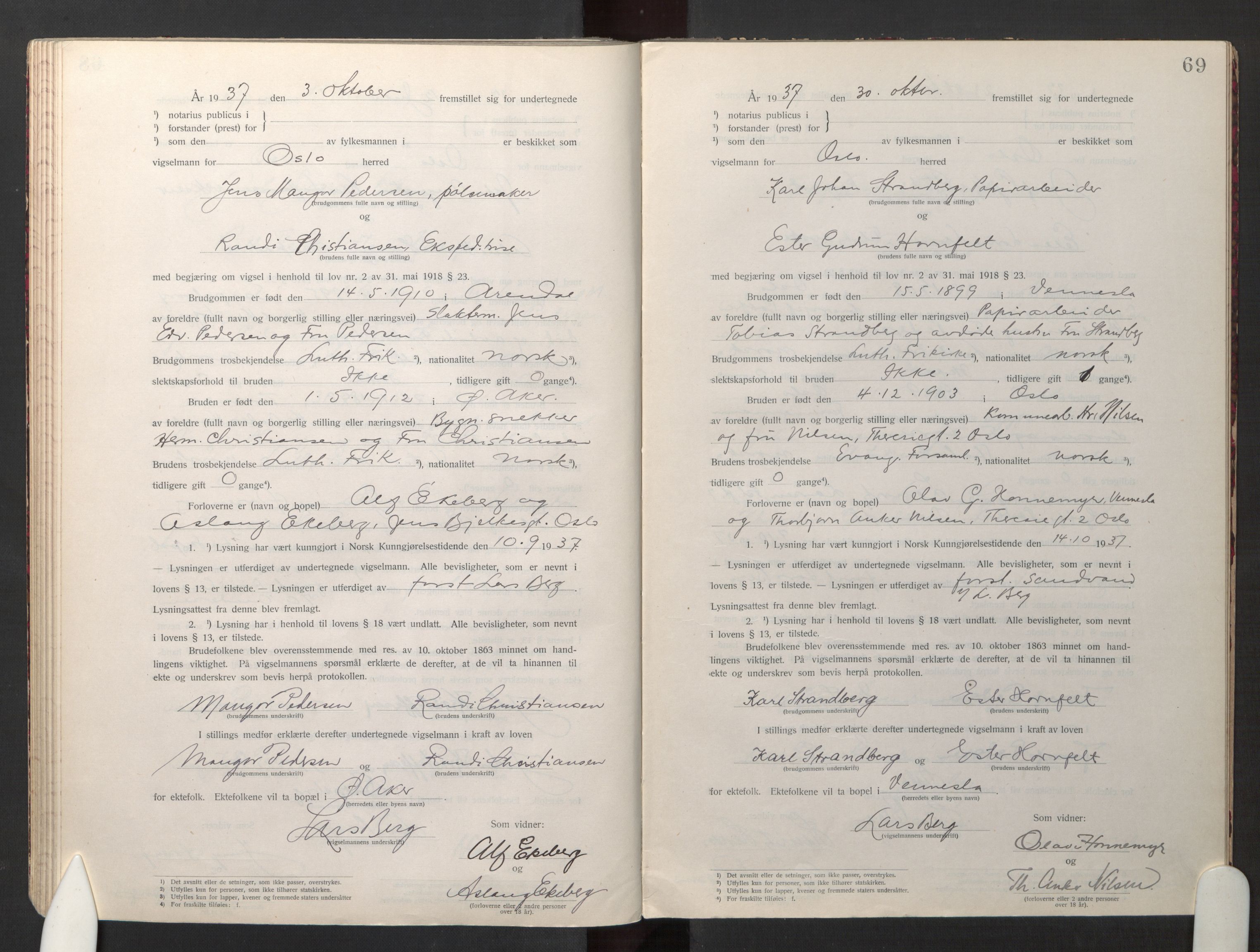 Den evangelisk-lutherske frikirke østre menighet, Oslo, AV/SAO-PAO-0245/F/L0005: Marriage register (dissenter) no. 5, 1920-1941, p. 69