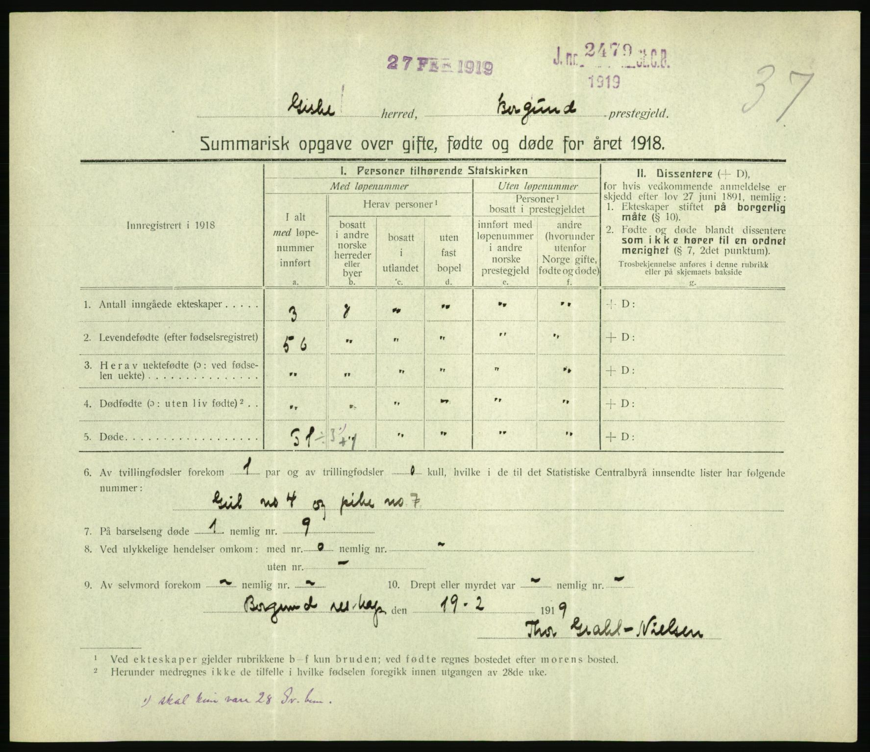 Statistisk sentralbyrå, Sosiodemografiske emner, Befolkning, RA/S-2228/D/Df/Dfb/Dfbh/L0059: Summariske oppgaver over gifte, fødte og døde for hele landet., 1918, p. 1153