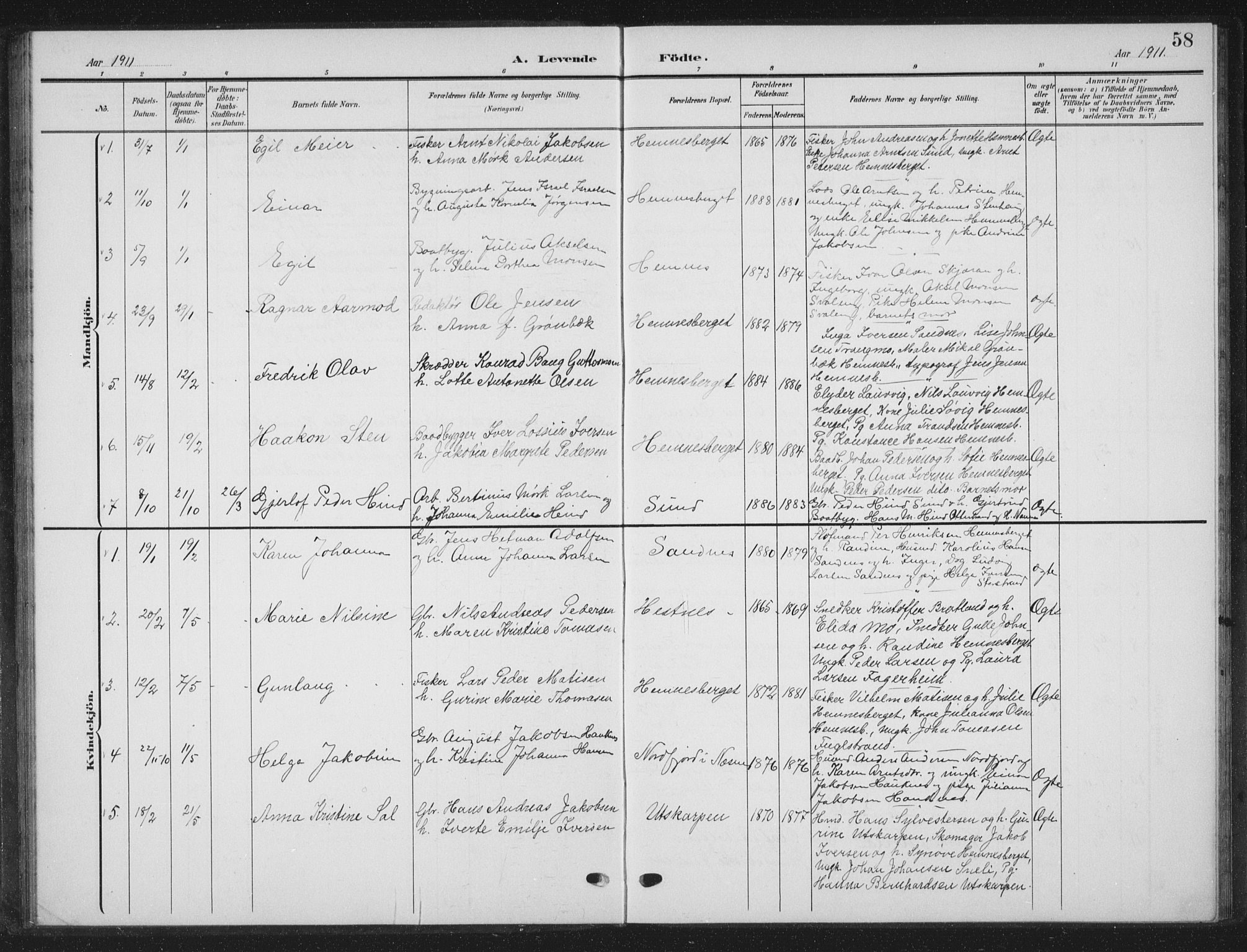 Ministerialprotokoller, klokkerbøker og fødselsregistre - Nordland, AV/SAT-A-1459/825/L0370: Parish register (copy) no. 825C07, 1903-1923, p. 58