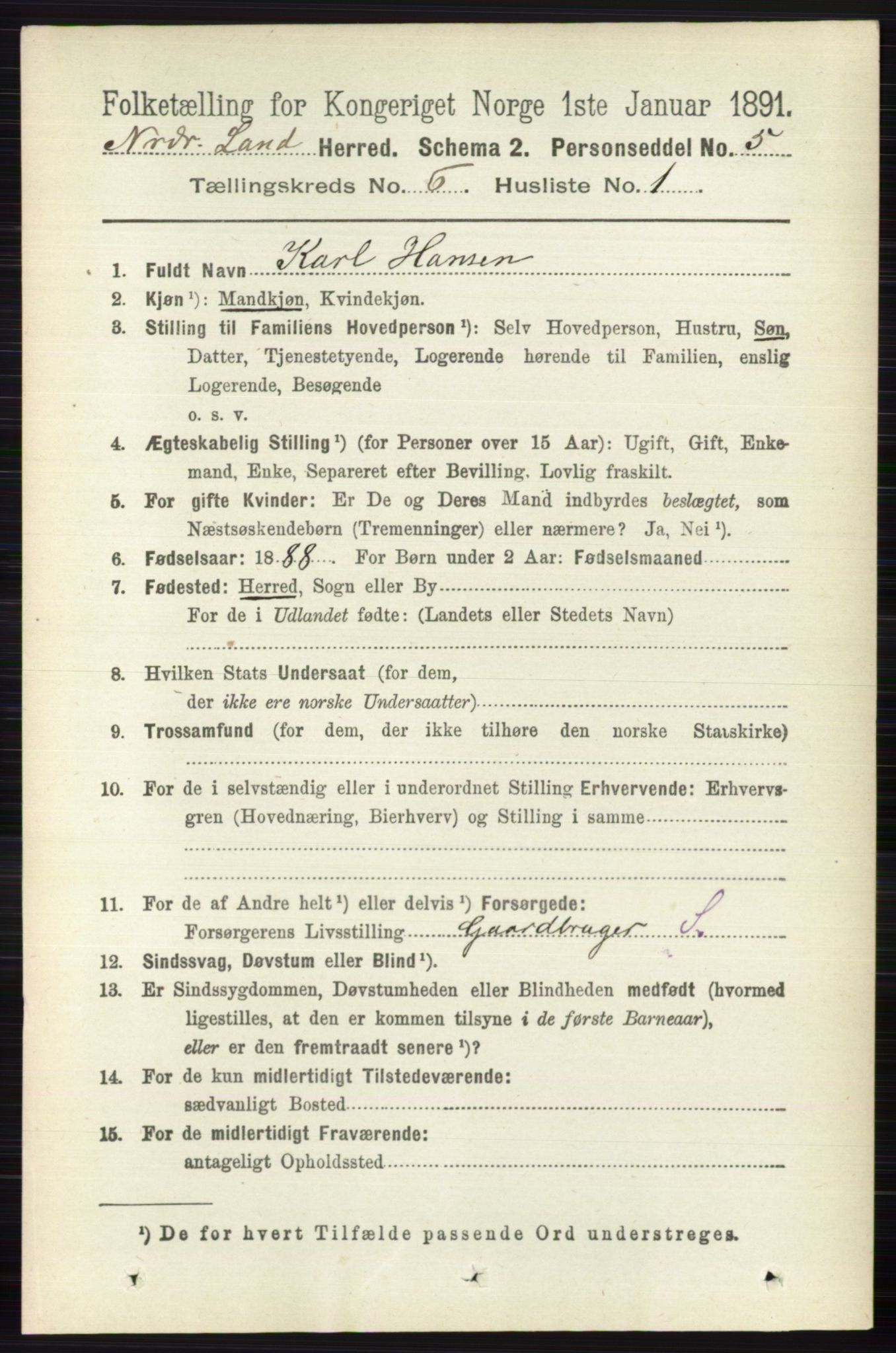 RA, 1891 census for 0538 Nordre Land, 1891, p. 1785